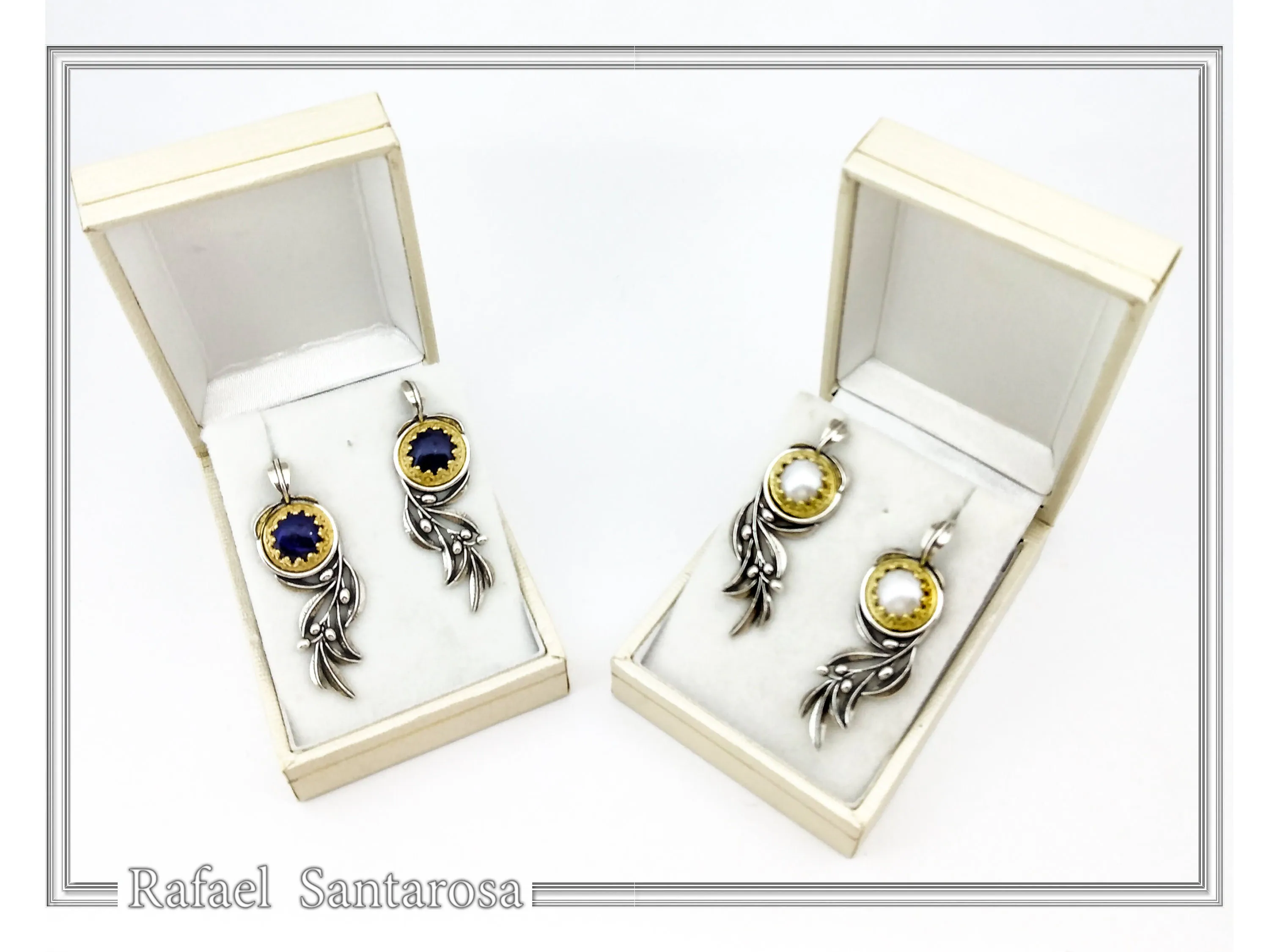 Natural Lapis Lazuli Olive Branch Earrings: Oxidized Sterling Silver, 18K Gold Filled Filigree Bezel — additional product image 9 from Rafael Santarosa Fine Jewelry