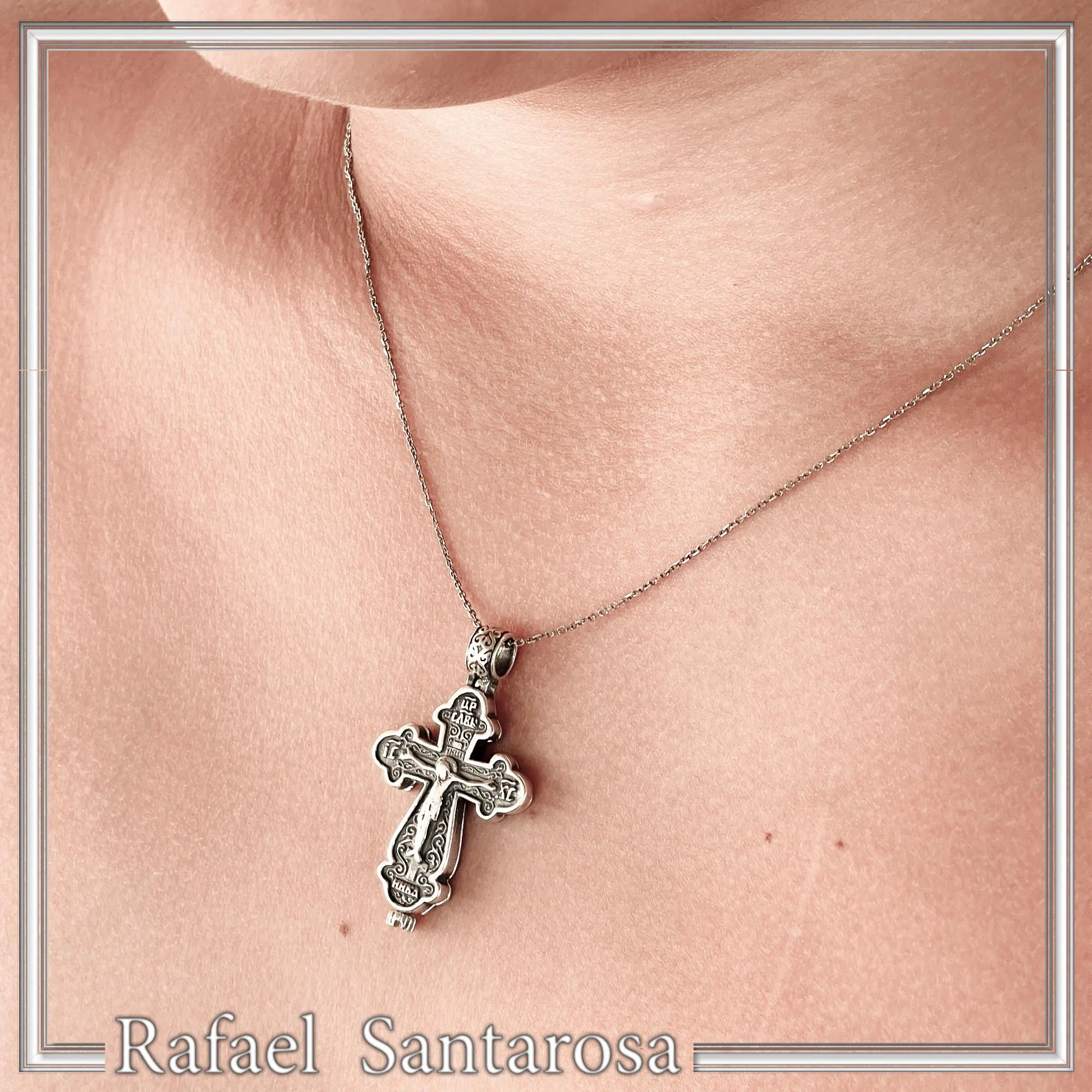 Byzantine Cyrillic Prayer Cross Locket Necklace: Russian Type Sterling Silver Reliquary Cross Pendant — additional product image 3 from Rafael Santarosa Fine Jewelry