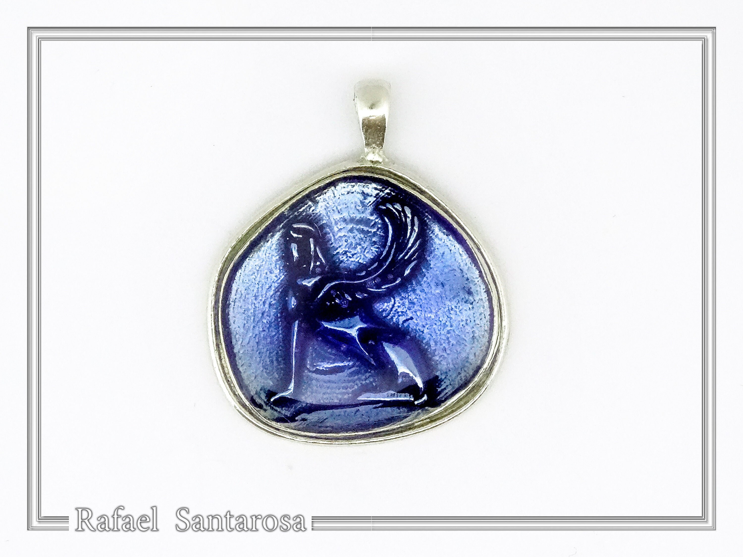Sphinx of Delphi Greek Coin Necklace: Sky Blue Transparent Enamel on Sterling Silver Coin — additional product image 6 from Rafael Santarosa Fine Jewelry