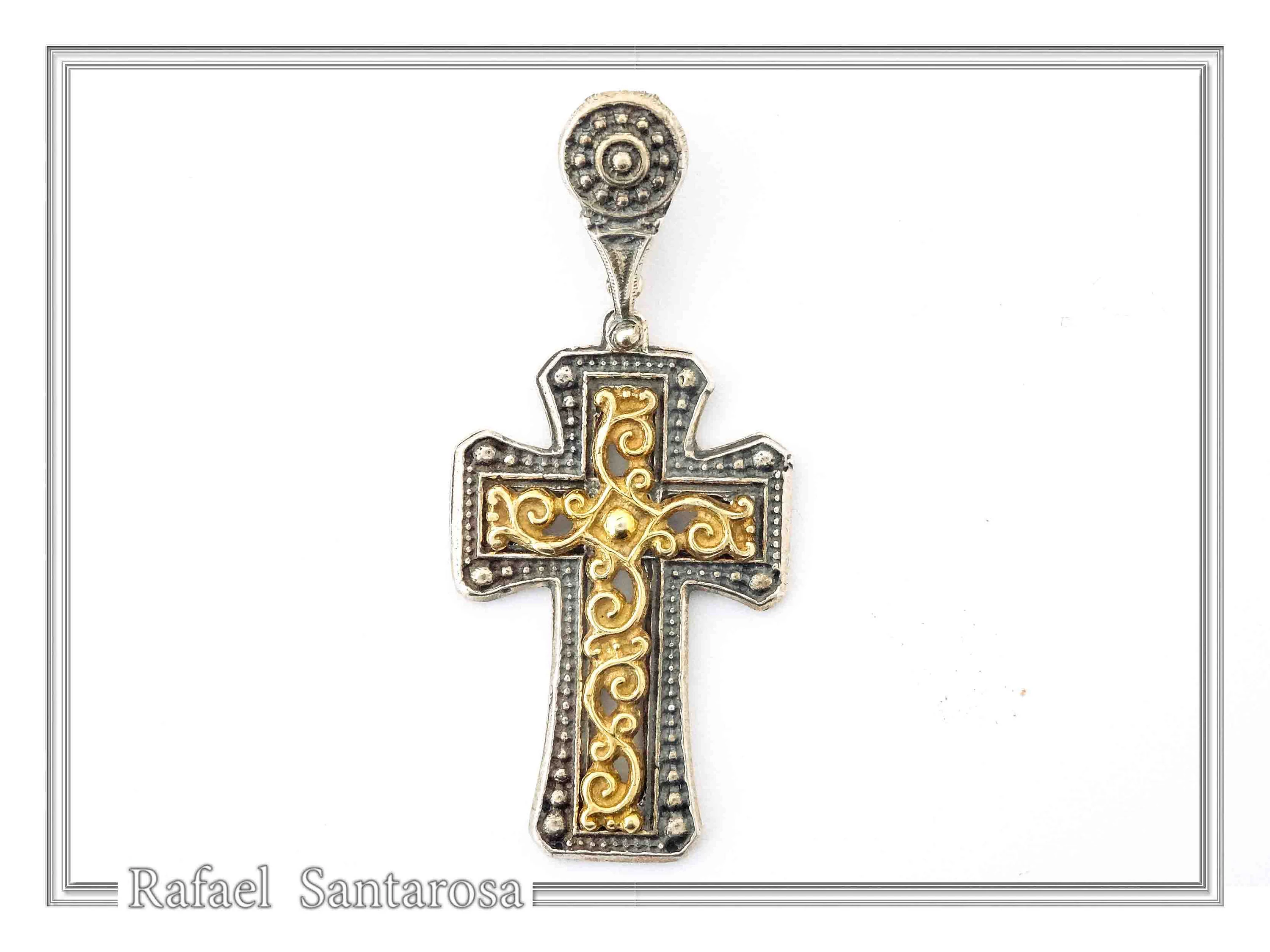 Byzantine Cross Necklace: 18k Gold Filled Filigree Silver Decoration on Oxidized Sterling Silver base — additional product image 3 from Rafael Santarosa Fine Jewelry