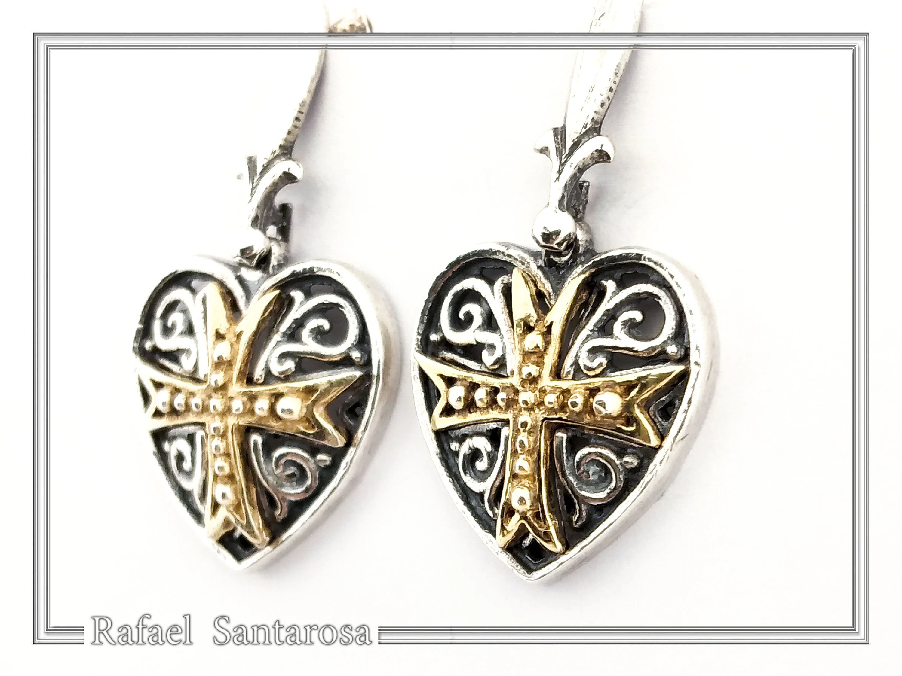 Maltese Knights Cross Holy Heart Earrings: Oxidized Sterling Silver and Gold-Filled — additional product image 2 from Rafael Santarosa Fine Jewelry