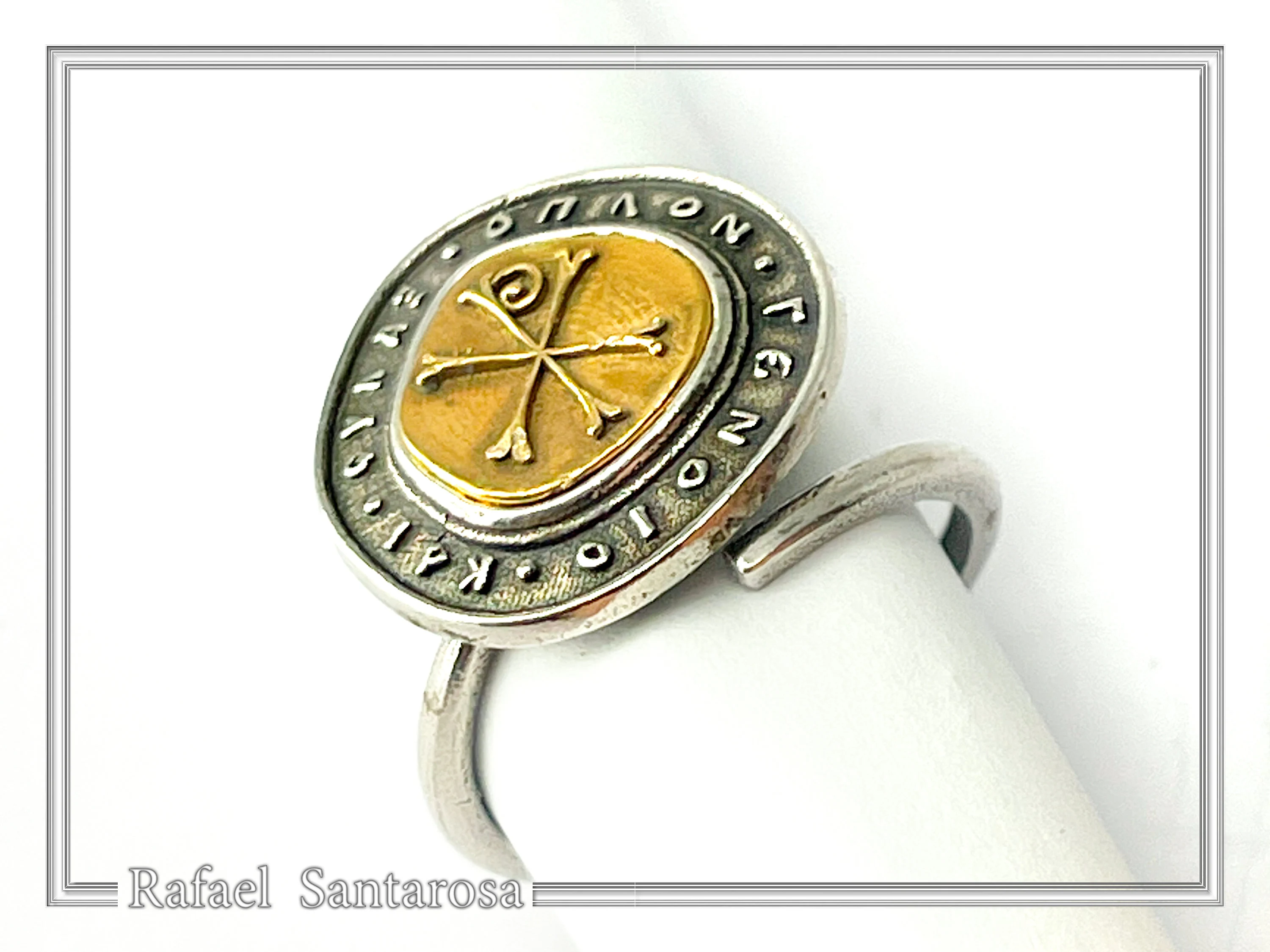 18K Gold Chi Rho Christogram on Oxidized Sterling Silver Adjustable Ring, Byzantine Prayer Talisman — additional product image 6 from Rafael Santarosa Fine Jewelry