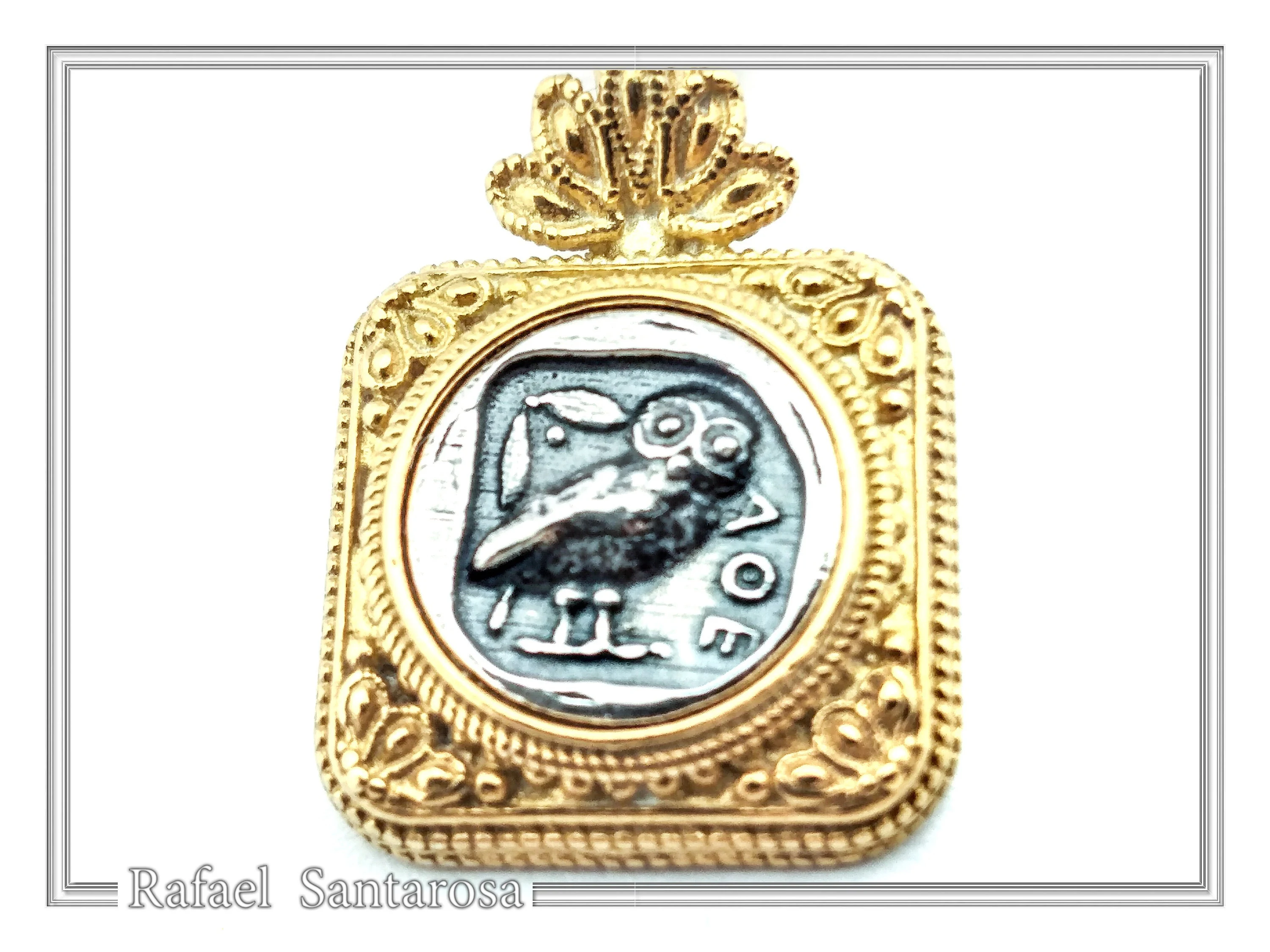 Athena Owl Tetradrachm Coin Ancient Greek Style Necklace: Oxidized Sterling Silver & 18K Gold filled — additional product image 3 from Rafael Santarosa Fine Jewelry