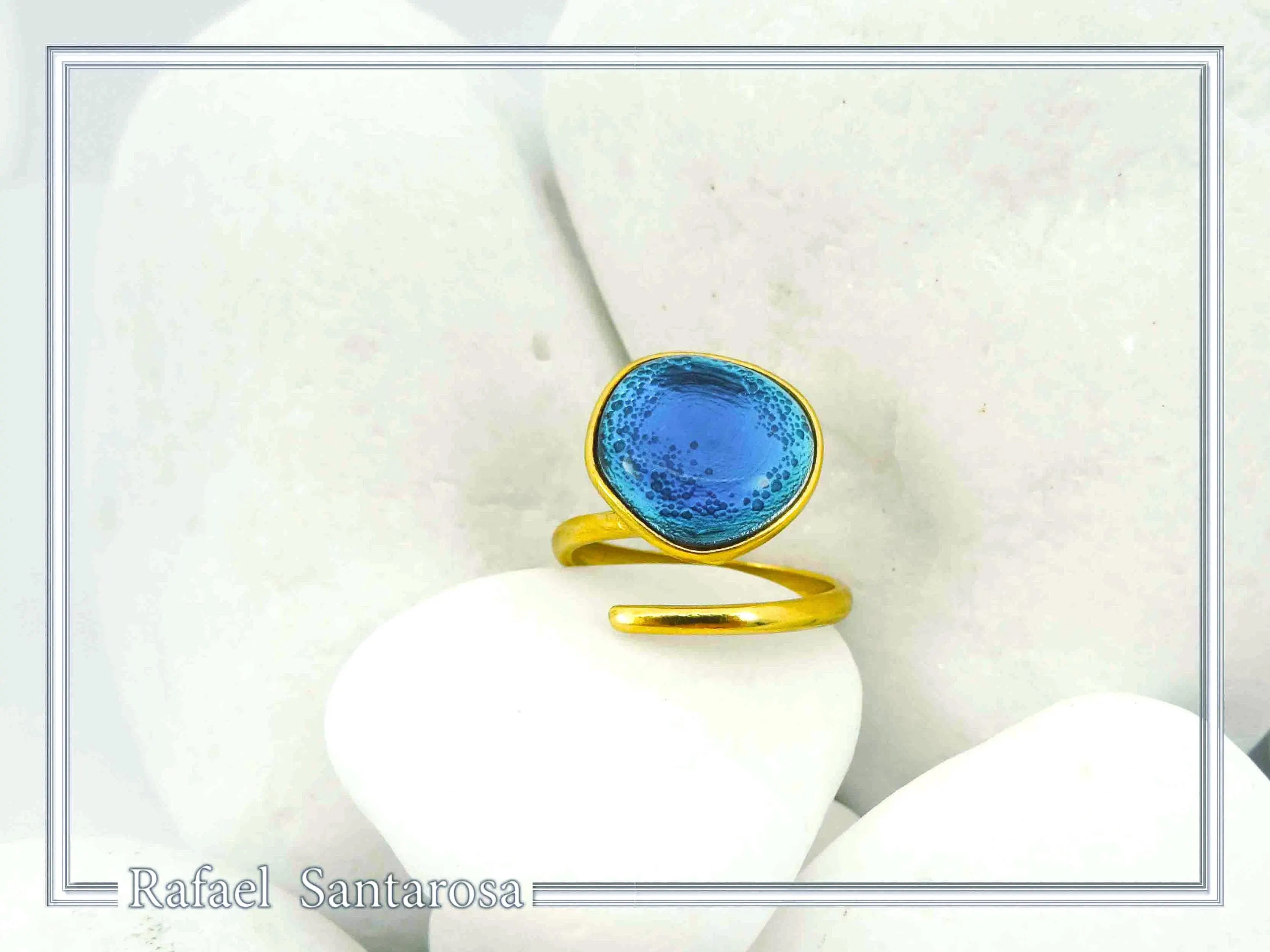 Sea Blue Transparent Enamel Adjustable Ring: Sea Rock Design Sterling Silver 18K Gold Filled — additional product image 7 from Rafael Santarosa Fine Jewelry