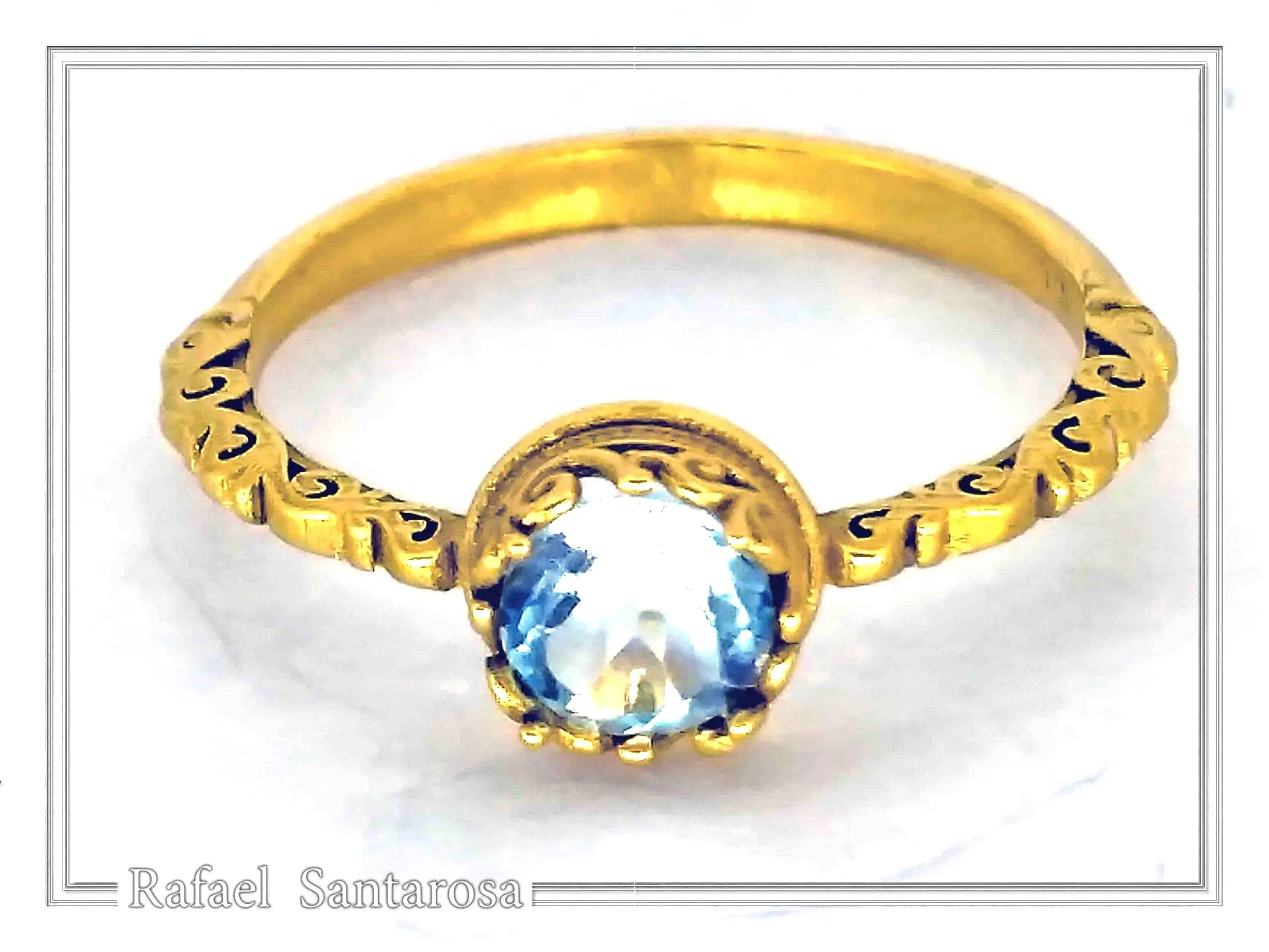 Byzantine Sky-Blue Brilliant Cut Topaz Filigree Statement Ring: 18k Solid Gold Ring for Her — additional product image 7 from Rafael Santarosa Fine Jewelry