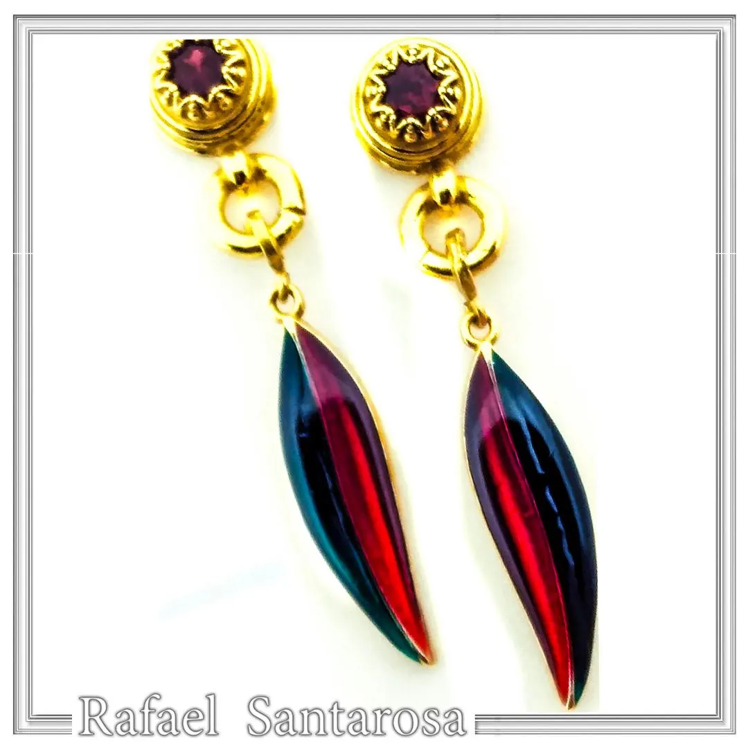 Olive Leaf Floral Dangle & Drop Earrings: Transparent Enamel, Natural Garnet, 18K Gold Filled Silver
