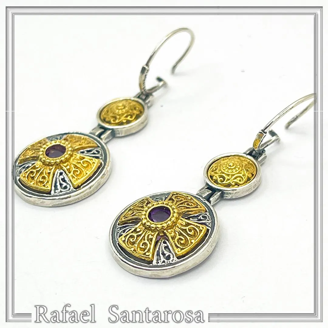 Byzantine Cross Drop Earrings Sterling Silver Oxidised and 18k Gold Filled African Amethyst — additional product image 3 from Rafael Santarosa Fine Jewelry