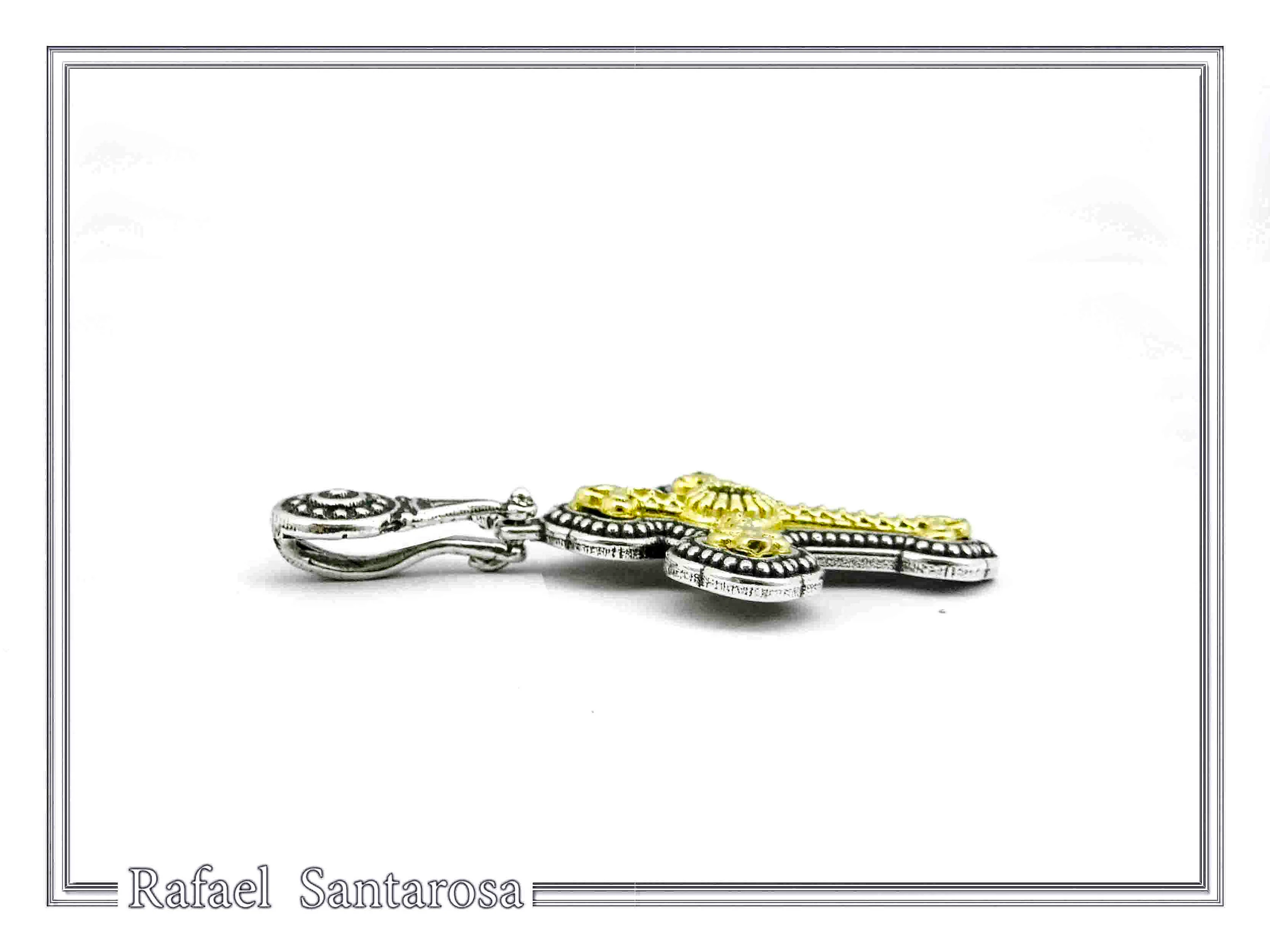 Genuine Sky-Blue Topaz Byzantine Filigree Cross Necklace: Silver oxidised & 18K Gold filled — additional product image 6 from Rafael Santarosa Fine Jewelry