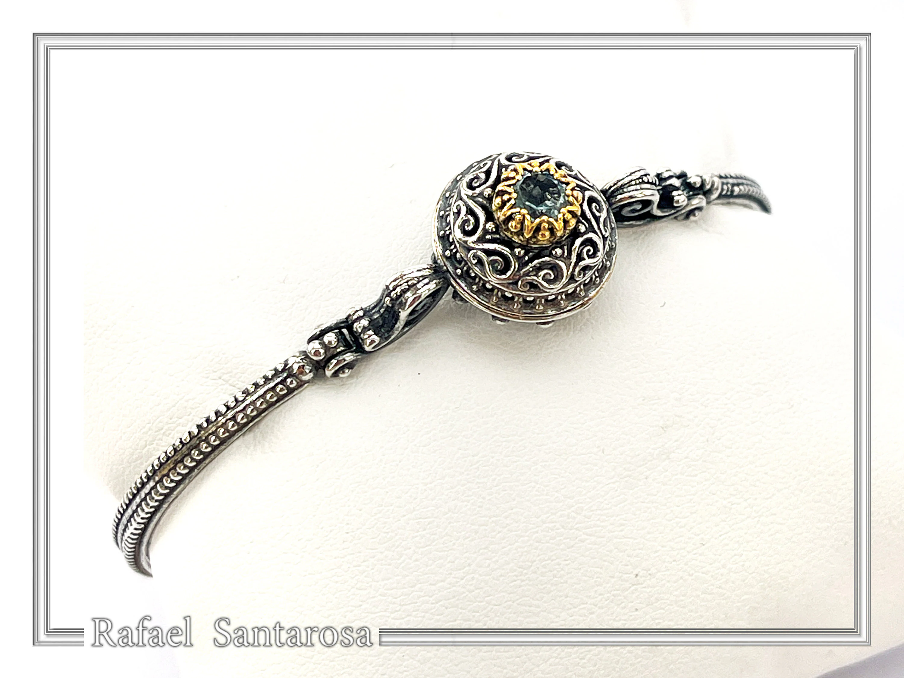 Natural Sky-Blue Topaz Byzantine Bracelet: Oxidised Sterling Silver with 18K Gold Filled Filigree Bezel — additional product image 7 from Rafael Santarosa Fine Jewelry