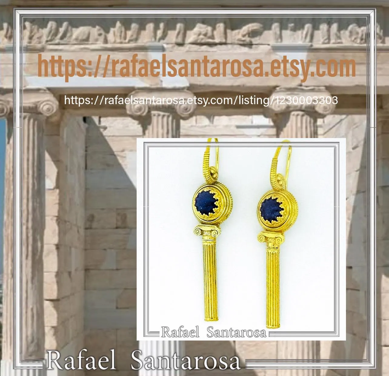 Natural Lapis Lazuli Greek Column Museum Earrings: Sterling Silver 18K Gold Filled Filigree Bezel — additional product image 10 from Rafael Santarosa Fine Jewelry