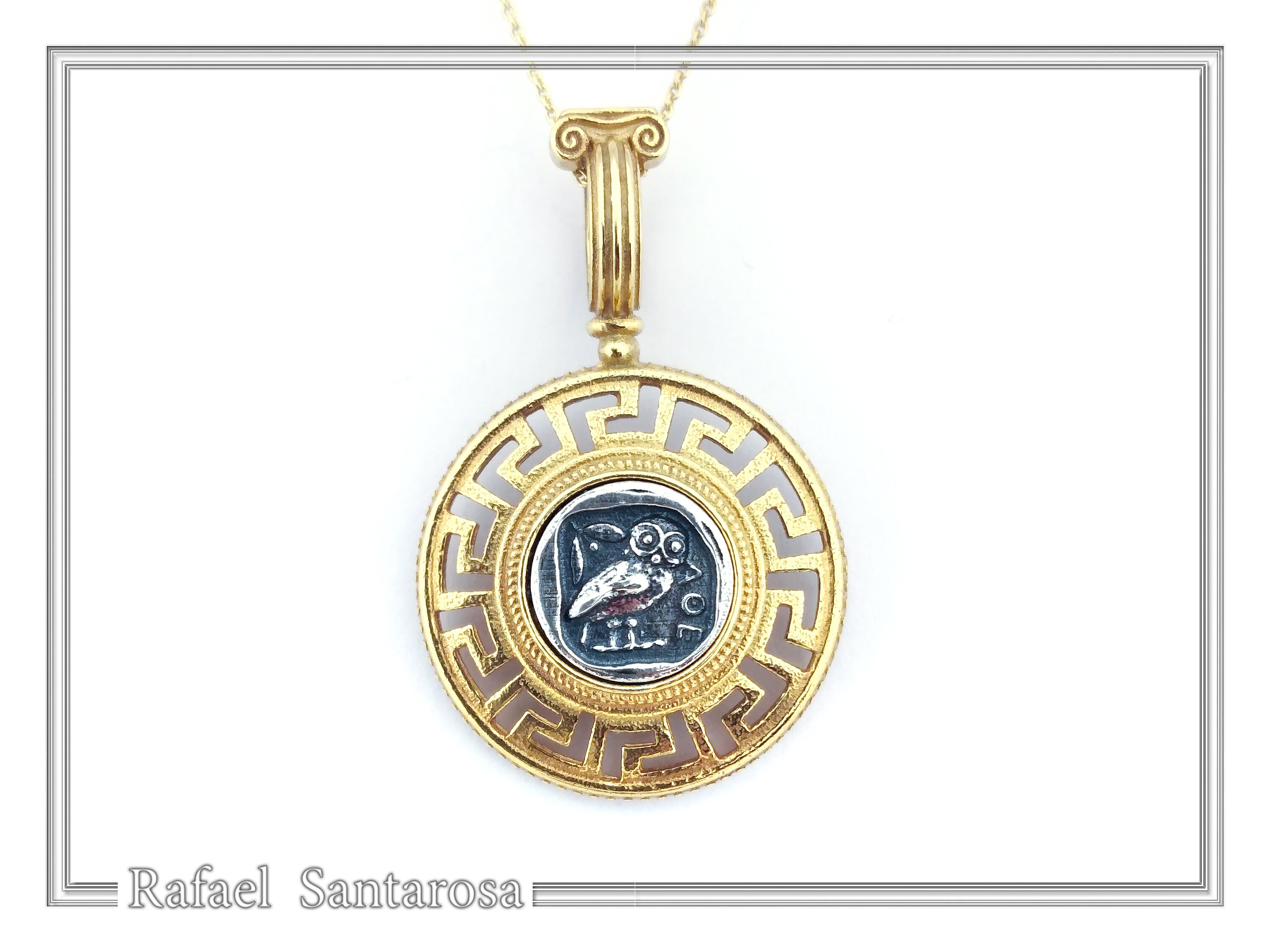 Athenian Owl Coin Pendant: 18k Gold-Filled Sterling Silver Greek Key Necklace — additional product image 5 from Rafael Santarosa Fine Jewelry