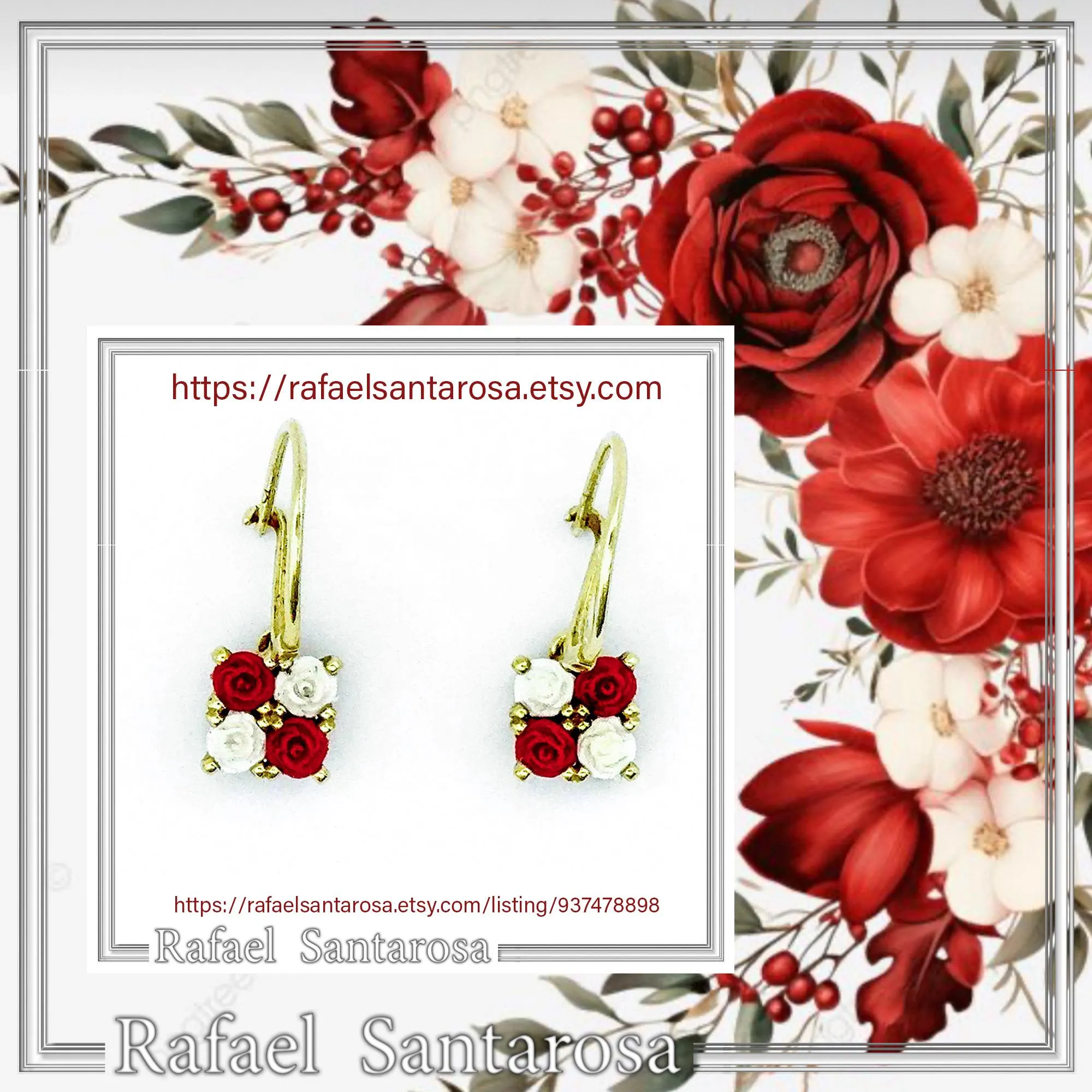 Red & White Roses Rose Flowers Shaped Alabaster Gems Drop Earrings: Sterling Silver 18K Gold-Filled — additional product image 10 from Rafael Santarosa Fine Jewelry