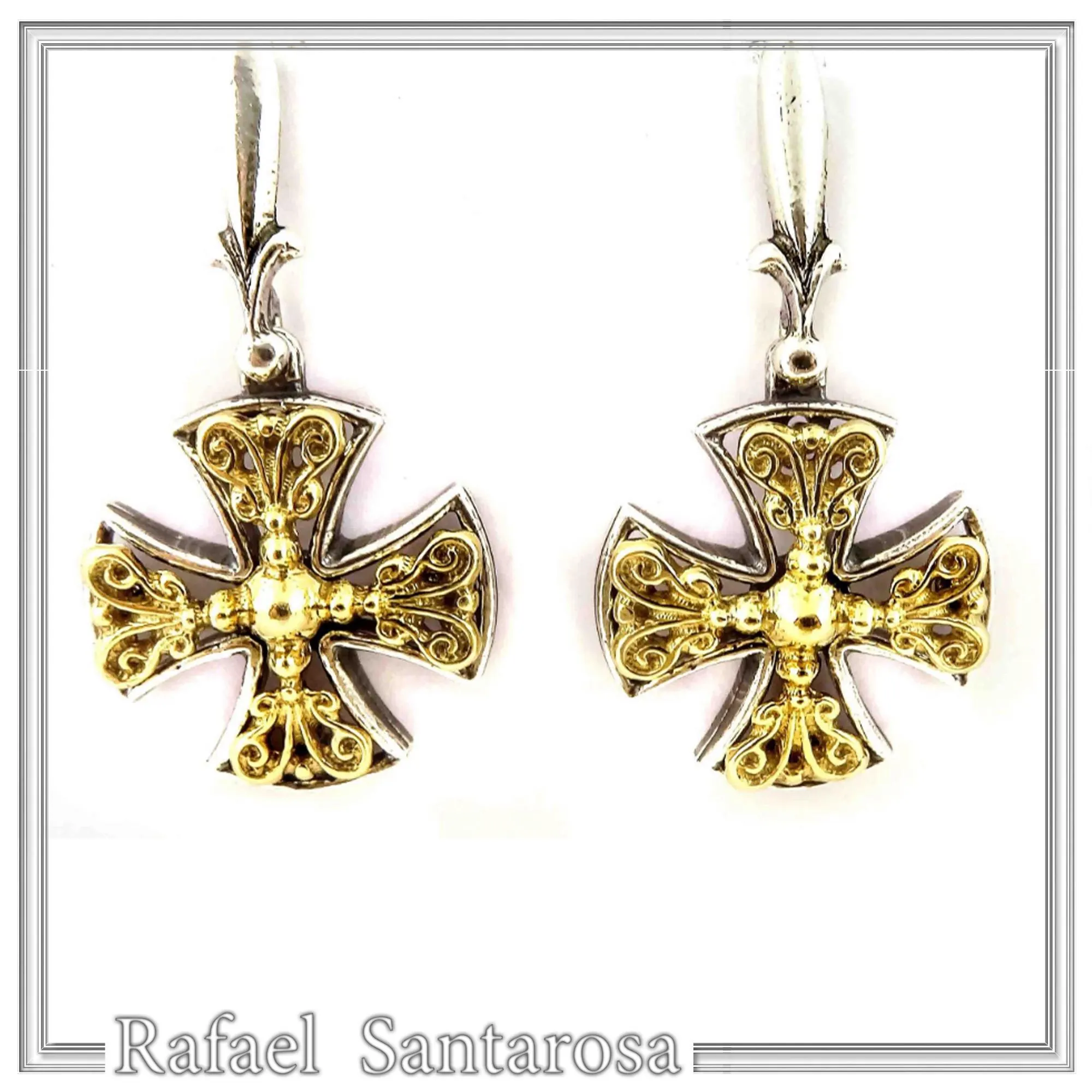 Byzantine Filigree Cross Dangle Drop Earrings: Sterling Silver, 18K Gold-Filled