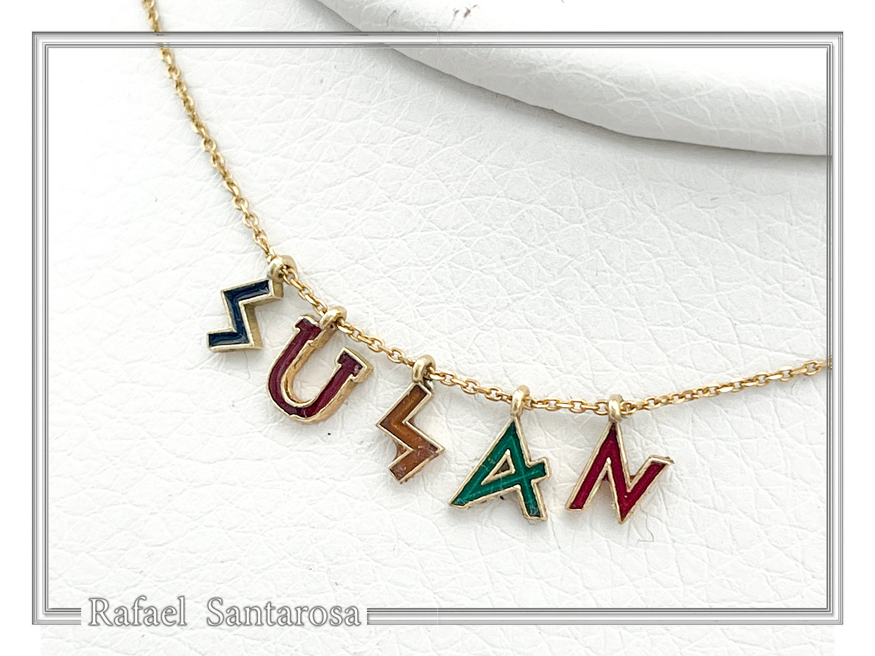 Personalized "Susan" Name Necklace: Multicolored Enamel on Greek Font Letter Silver 18K Gold Filled — additional product image 6 from Rafael Santarosa Fine Jewelry