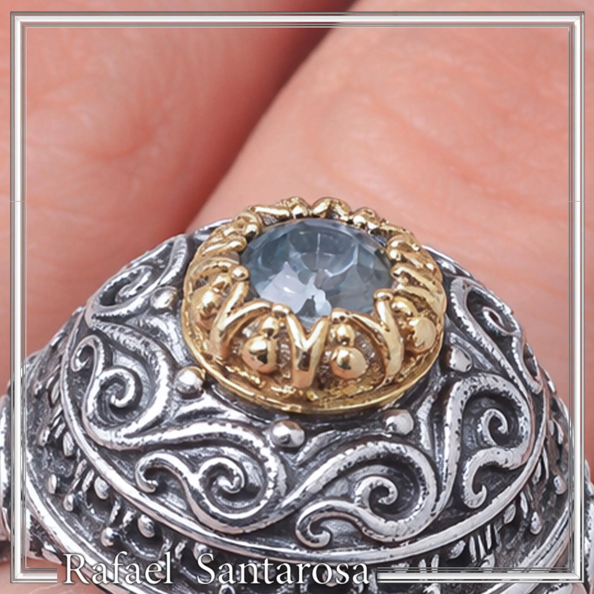 Sterling Silver Ring, 18K Gold Filled Filigree Bezel and 5mm Natural Sky-Blue Topaz — additional product image 2 from Rafael Santarosa Fine Jewelry