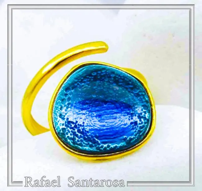 Sea Blue Transparent Enamel Adjustable Ring: Sea Rock Design Sterling Silver 18K Gold Filled — additional product image 3 from Rafael Santarosa Fine Jewelry