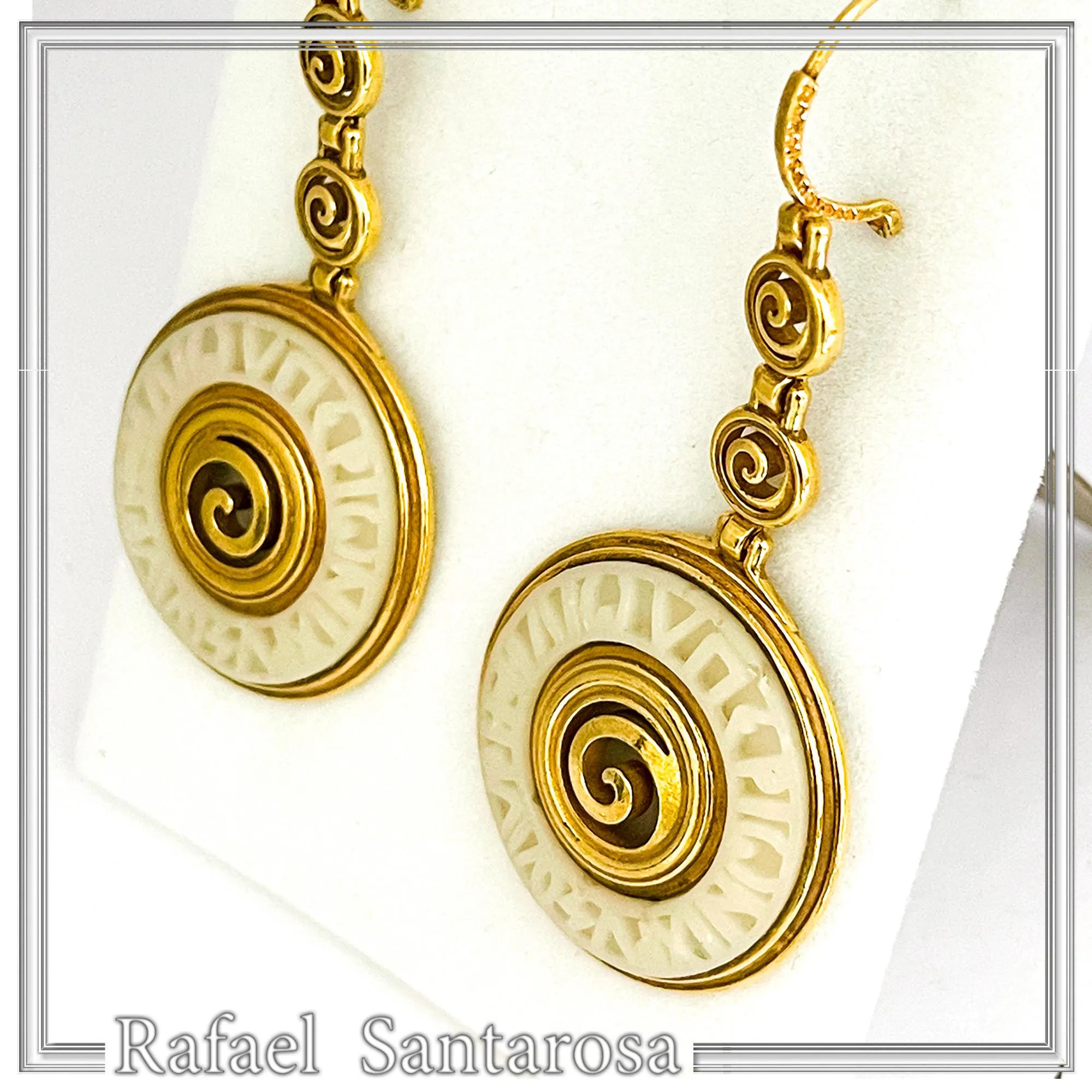 Ancient Greek Prayer to Sun Engraved Marble Spiral Earrings: 18k Gold Filled Sterling Silver — additional product image 7 from Rafael Santarosa Fine Jewelry