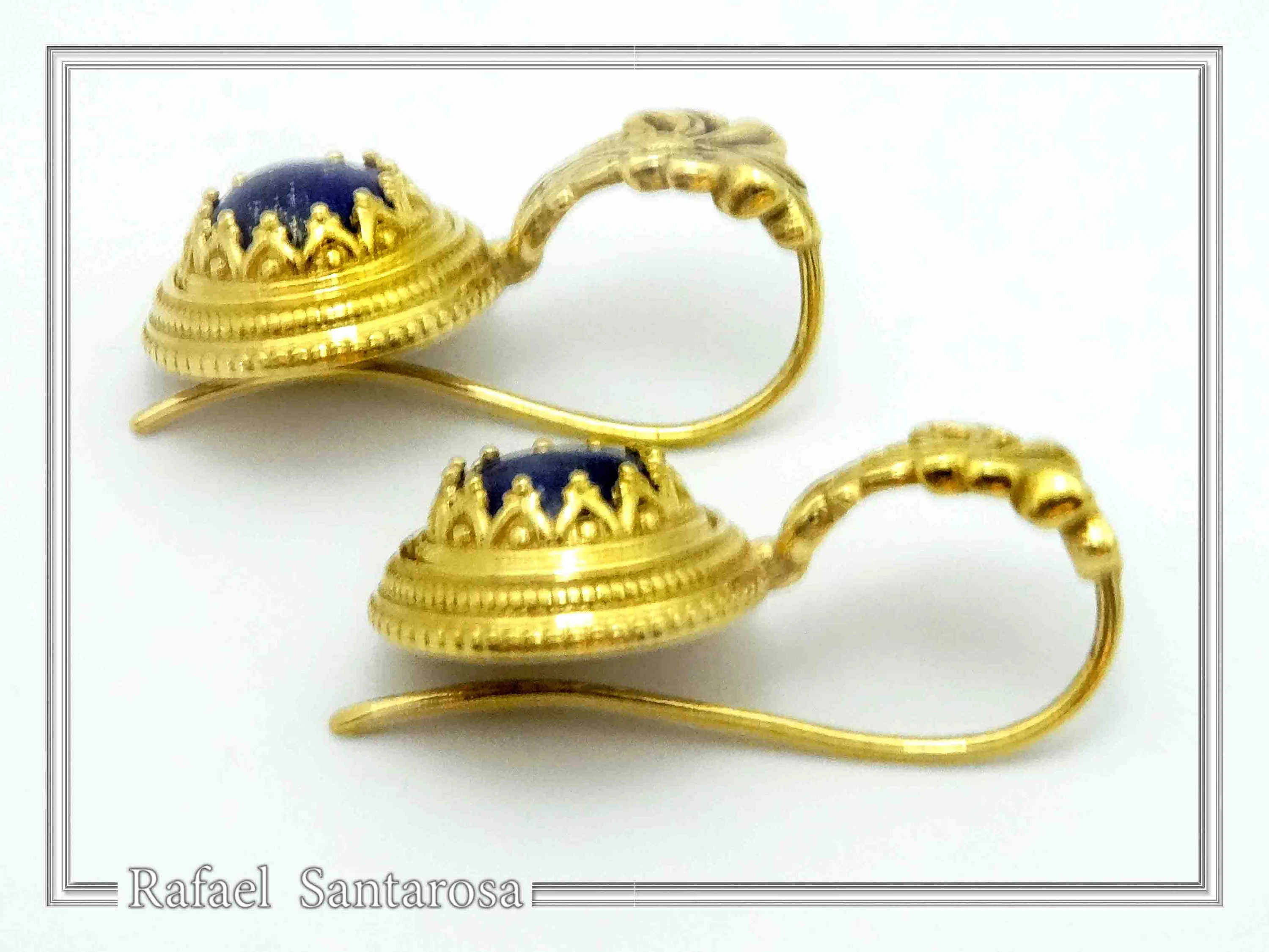 Natural Lapis Lazuli Ancient Greek Antefix Earrings: Sterling Silver Gold-Filled Filigree, — additional product image 6 from Rafael Santarosa Fine Jewelry