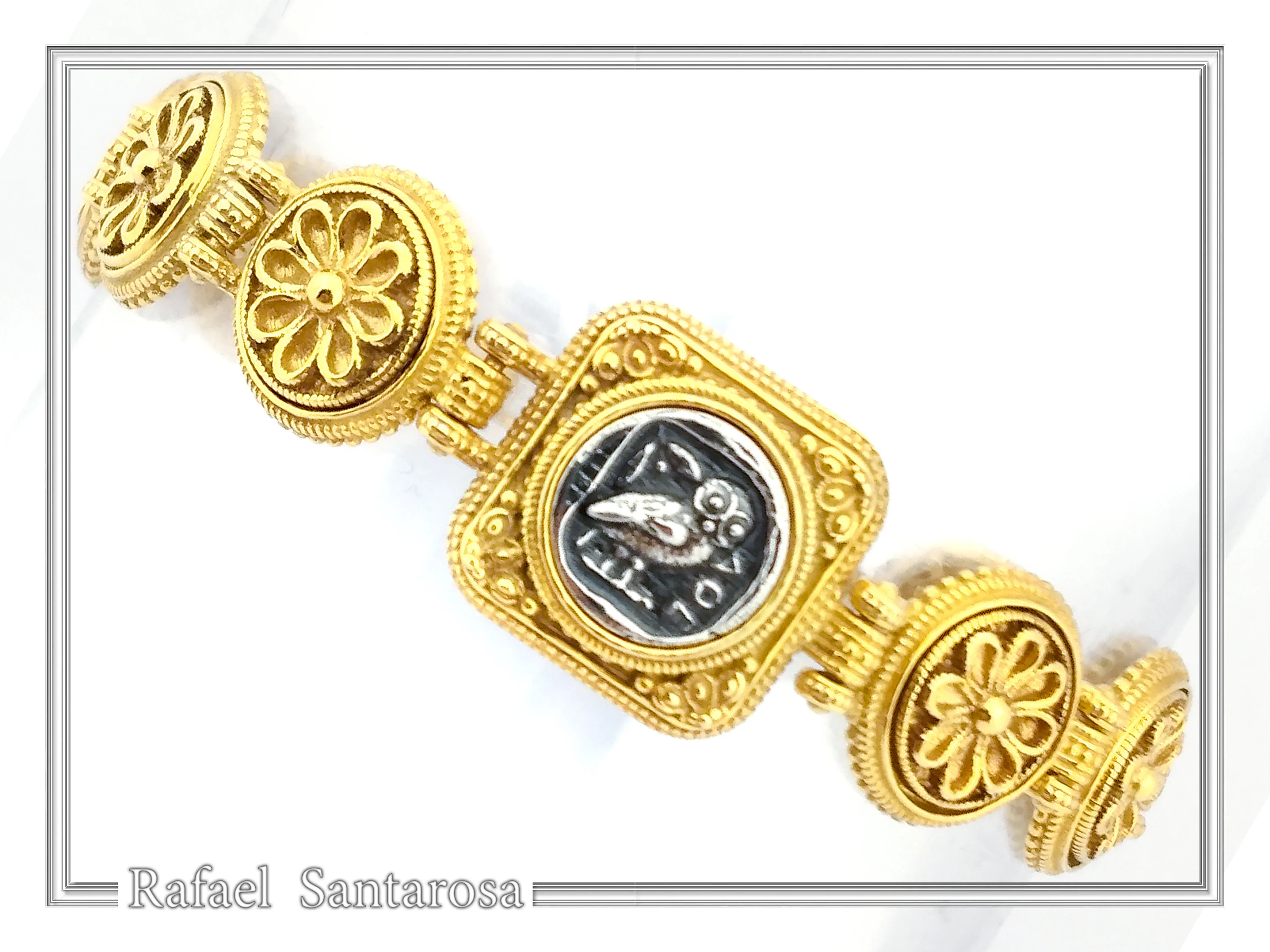 Tetradrachm Owl Coin Ancient Greek style Beaded Bracelet: 18k Gold Filled & Oxidized Sterling Silver — additional product image 7 from Rafael Santarosa Fine Jewelry