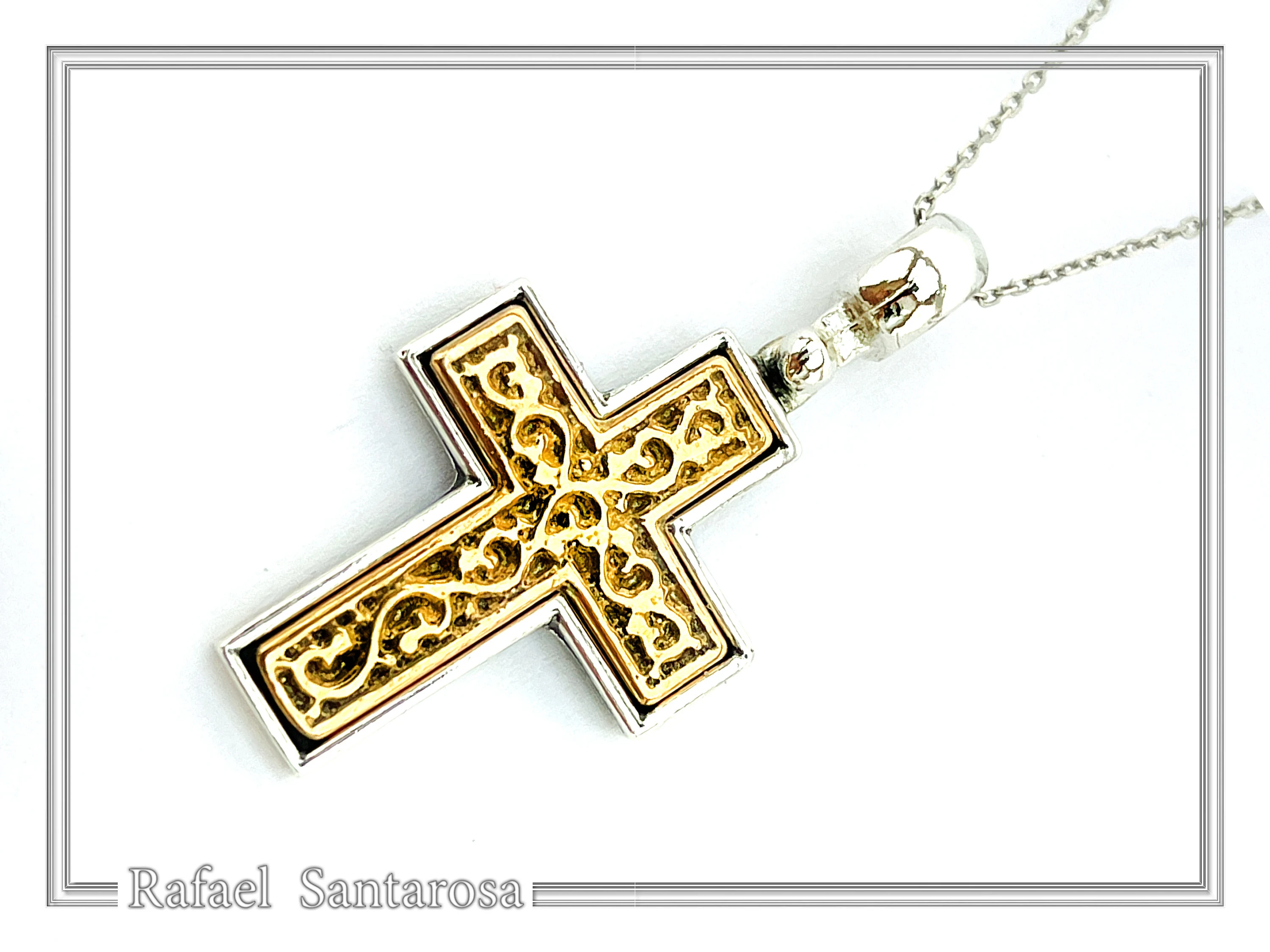Byzantine Cross Pendant Religious Orthodox Necklace: Sterling Silver oxidised and 18k Gold Filled — additional product image 4 from Rafael Santarosa Fine Jewelry