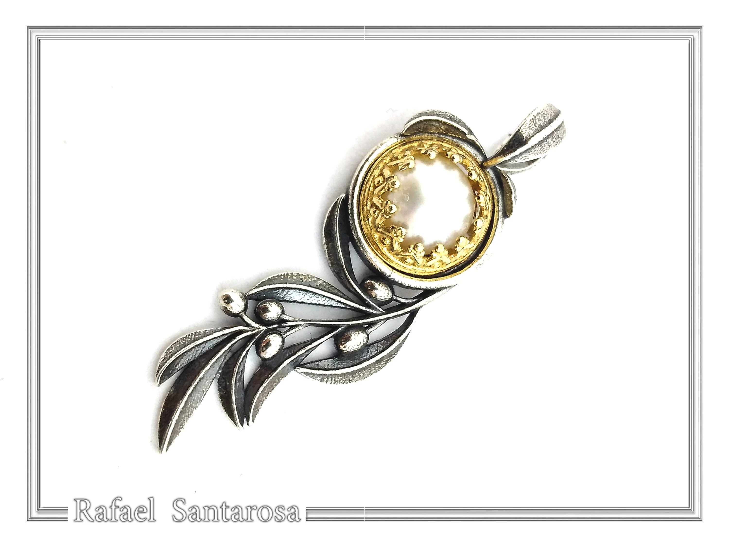 Natural Lapis Olive Leaf Pendant Floral Necklace: Oxidized Sterling Silver 18K Gold Filled Bezel — additional product image 4 from Rafael Santarosa Fine Jewelry