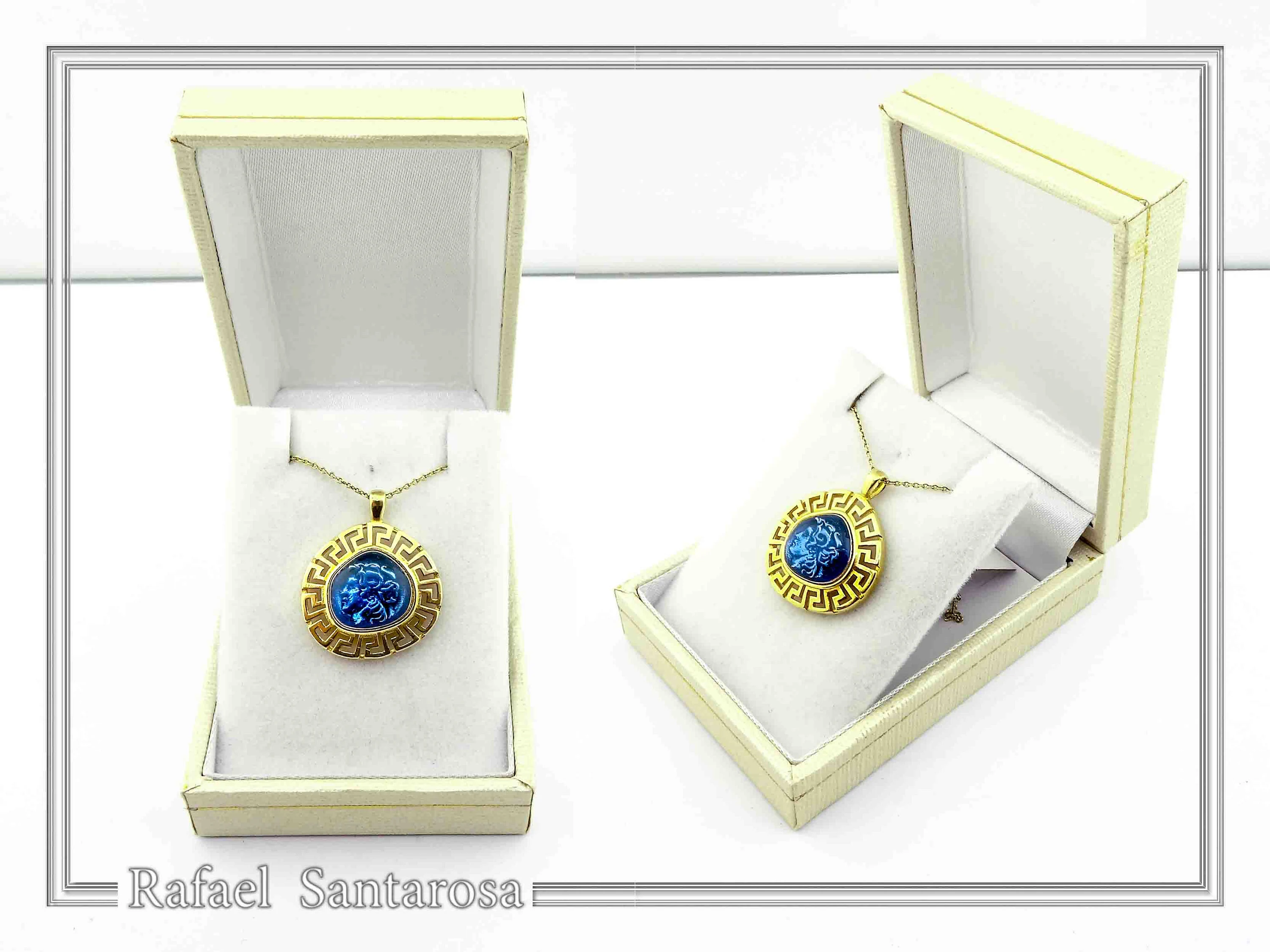 Alexander the Macedon coin silver necklace with Greek key 18k gold filled & sky-blue enamel. — additional product image 9 from Rafael Santarosa Fine Jewelry