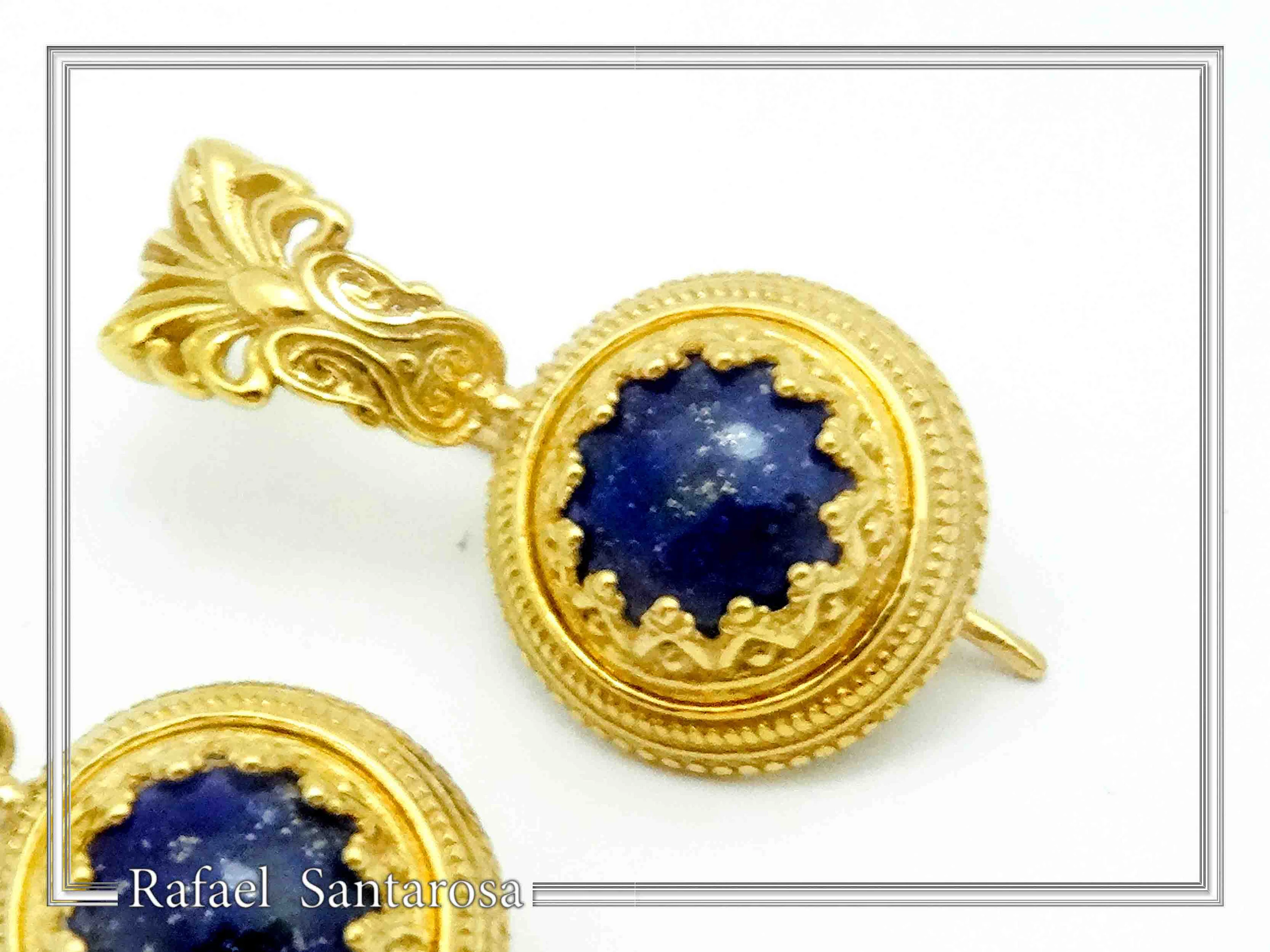 Natural Lapis Lazuli Ancient Greek Antefix Earrings: Sterling Silver Gold-Filled Filigree, — additional product image 2 from Rafael Santarosa Fine Jewelry