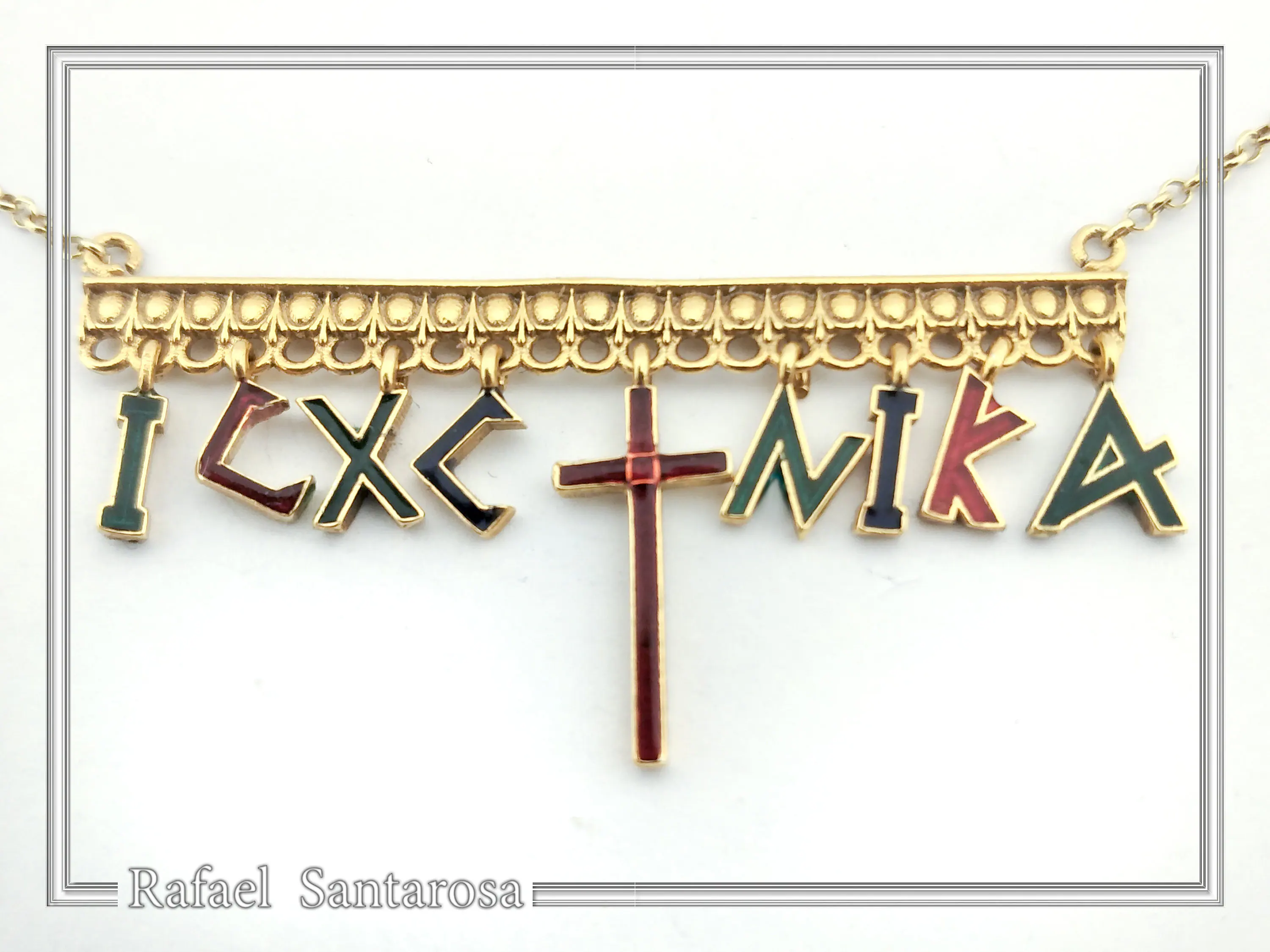 IC XC NIKA Dangle Necklace: Handmade Silver Gold Filled and enamel Christogram Talisman — additional product image 4 from Rafael Santarosa Fine Jewelry