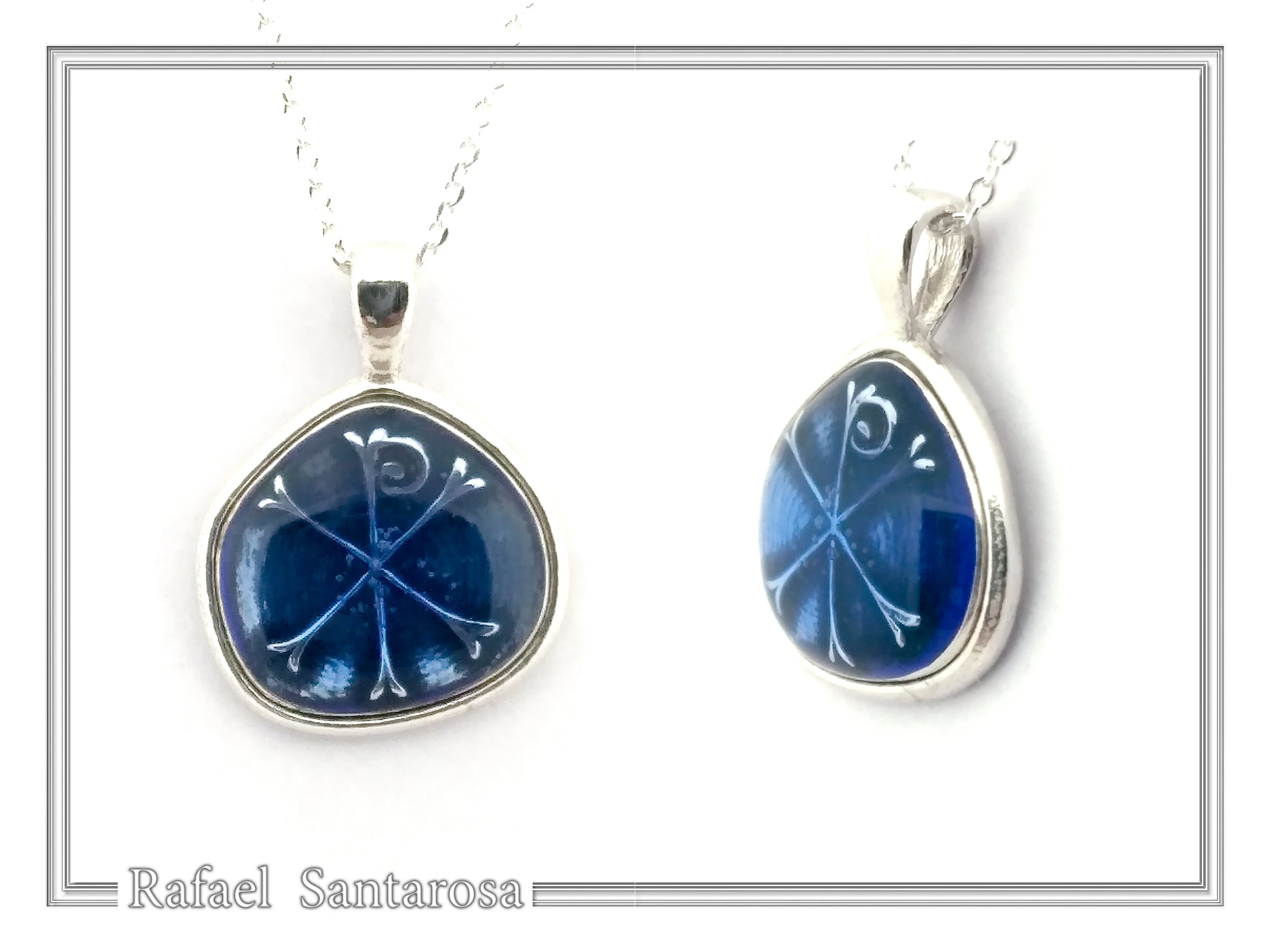 Chi Ro Christian Talisman Pendant: Sky Blue Enamel on Oxidized Sterling Silver Constantinato — additional product image 5 from Rafael Santarosa Fine Jewelry
