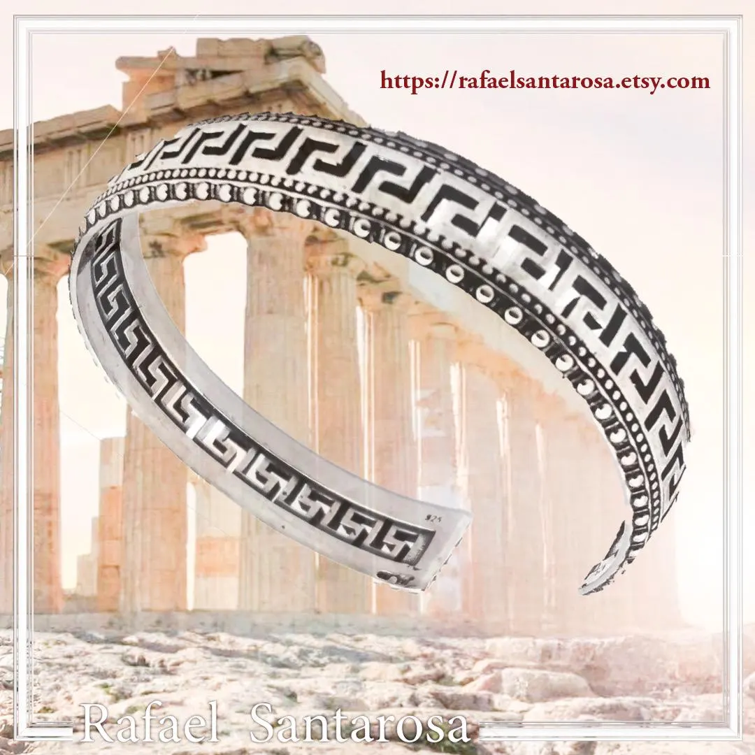 Greek Key Meander Oxidized Sterling Silver Cuff Bracelet, Museum Inspired Unisex Adjustable Jewelry — additional product image 10 from Rafael Santarosa Fine Jewelry