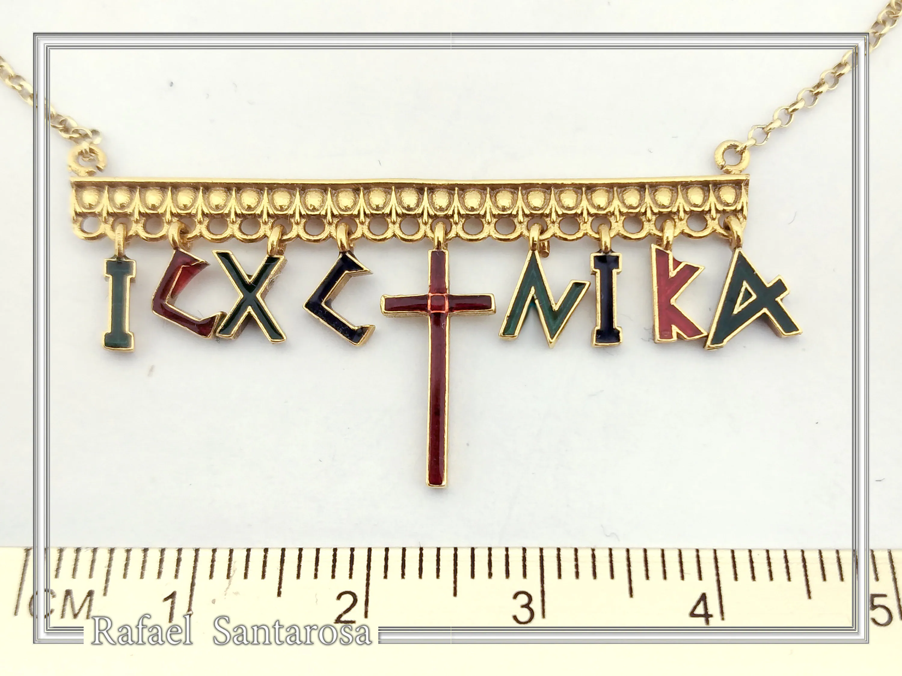 IC XC NIKA Dangle Necklace: Handmade Silver Gold Filled and enamel Christogram Talisman — additional product image 8 from Rafael Santarosa Fine Jewelry