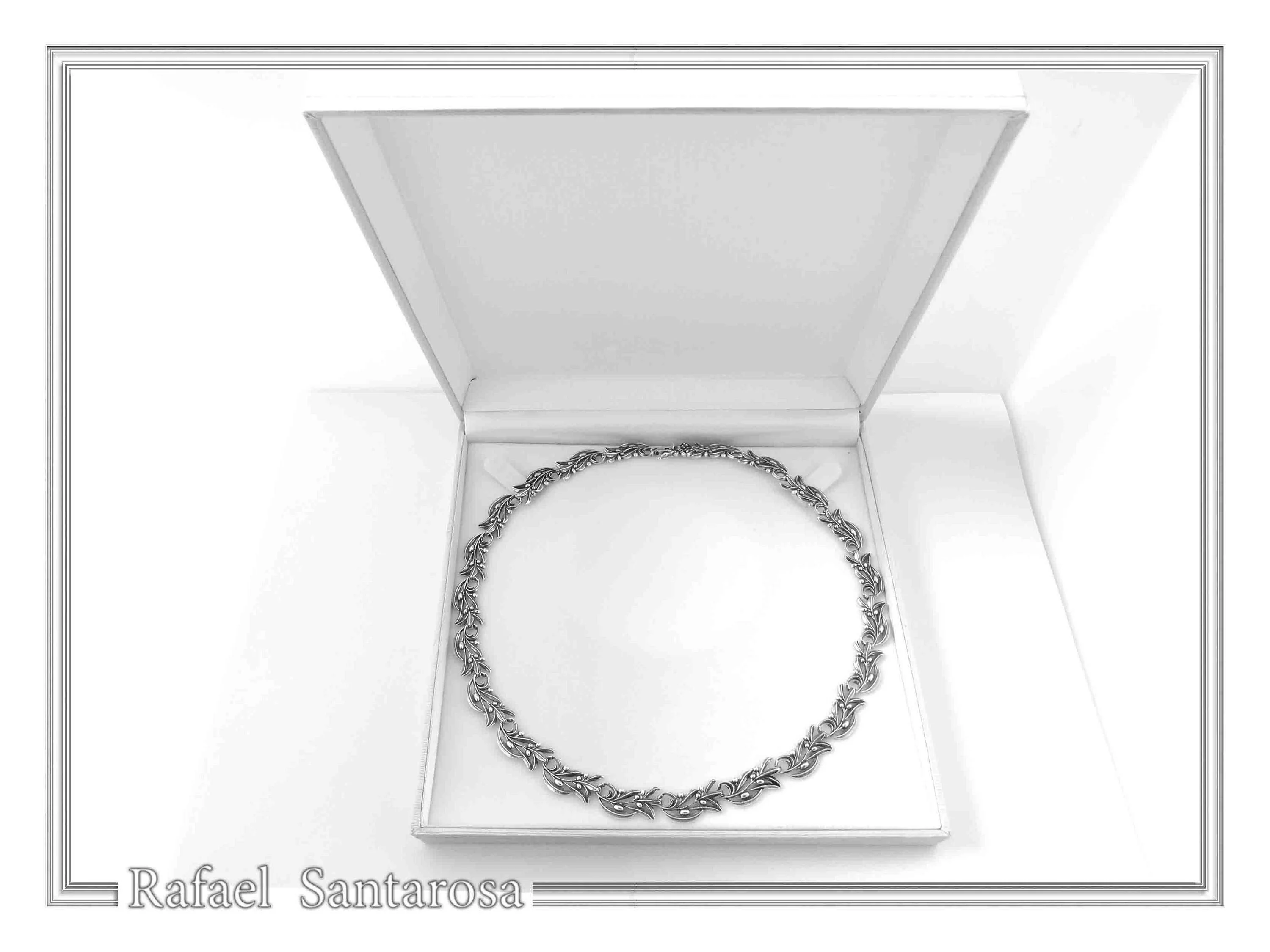 Olive Leaf Branch Beaded Floral Necklace Ancient Greek Symbol of Peace & Victory: Oxidized Silver — additional product image 9 from Rafael Santarosa Fine Jewelry
