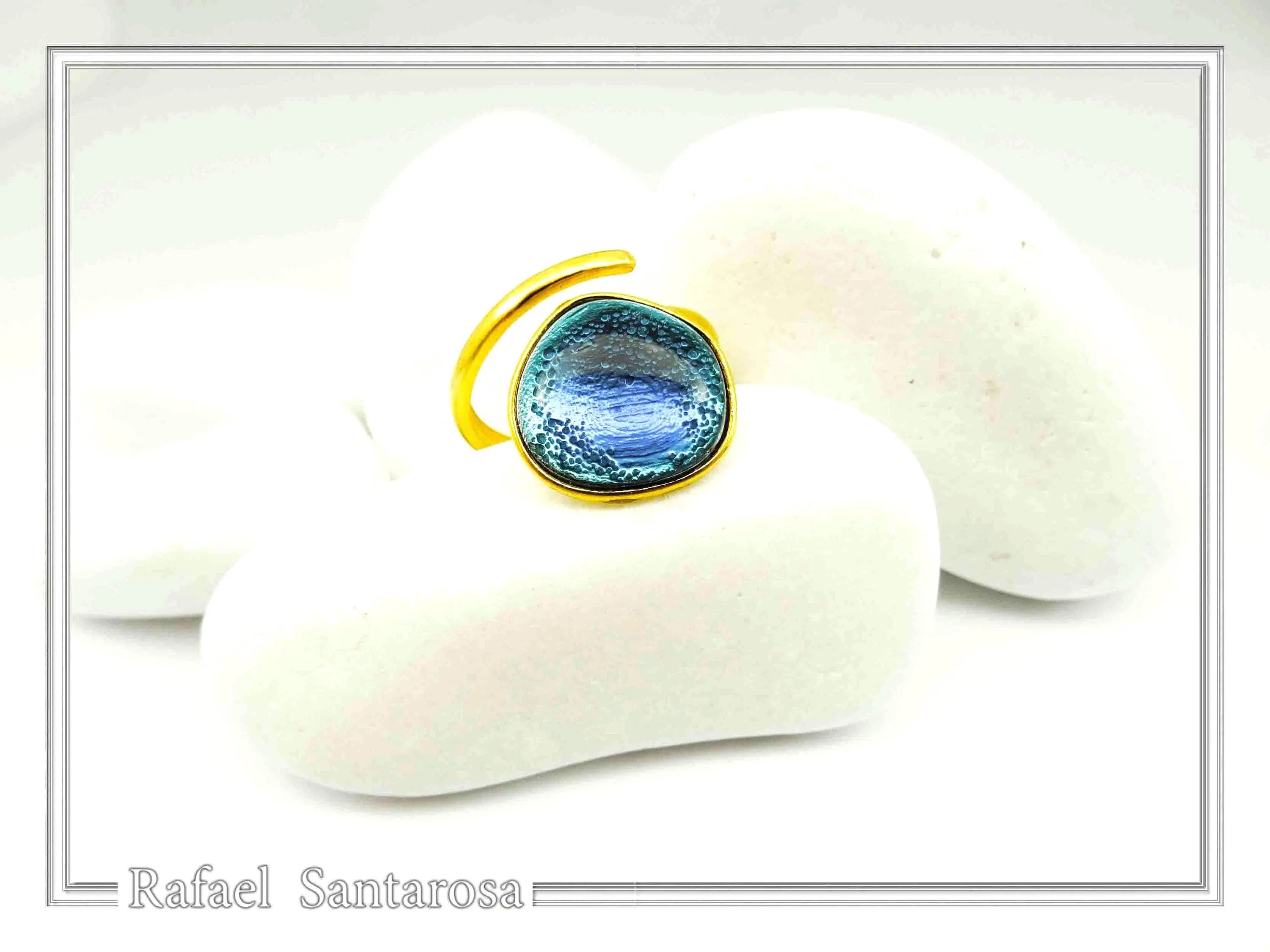 Sea Blue Transparent Enamel Adjustable Ring: Sea Rock Design Sterling Silver 18K Gold Filled — additional product image 5 from Rafael Santarosa Fine Jewelry