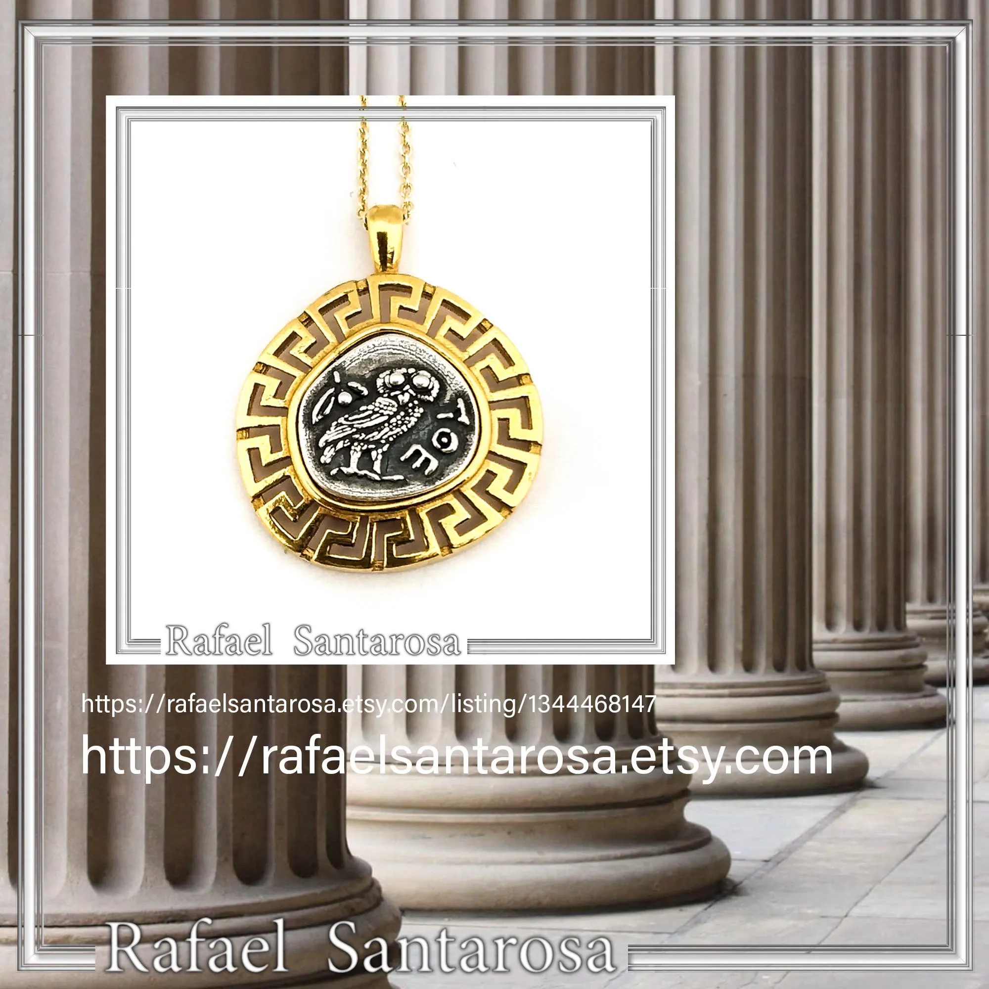 Athena Owl Coin Greek Key Pendant, Museum Jewelry: Oxidized & 18K Gold Filled Sterling Silver — additional product image 10 from Rafael Santarosa Fine Jewelry