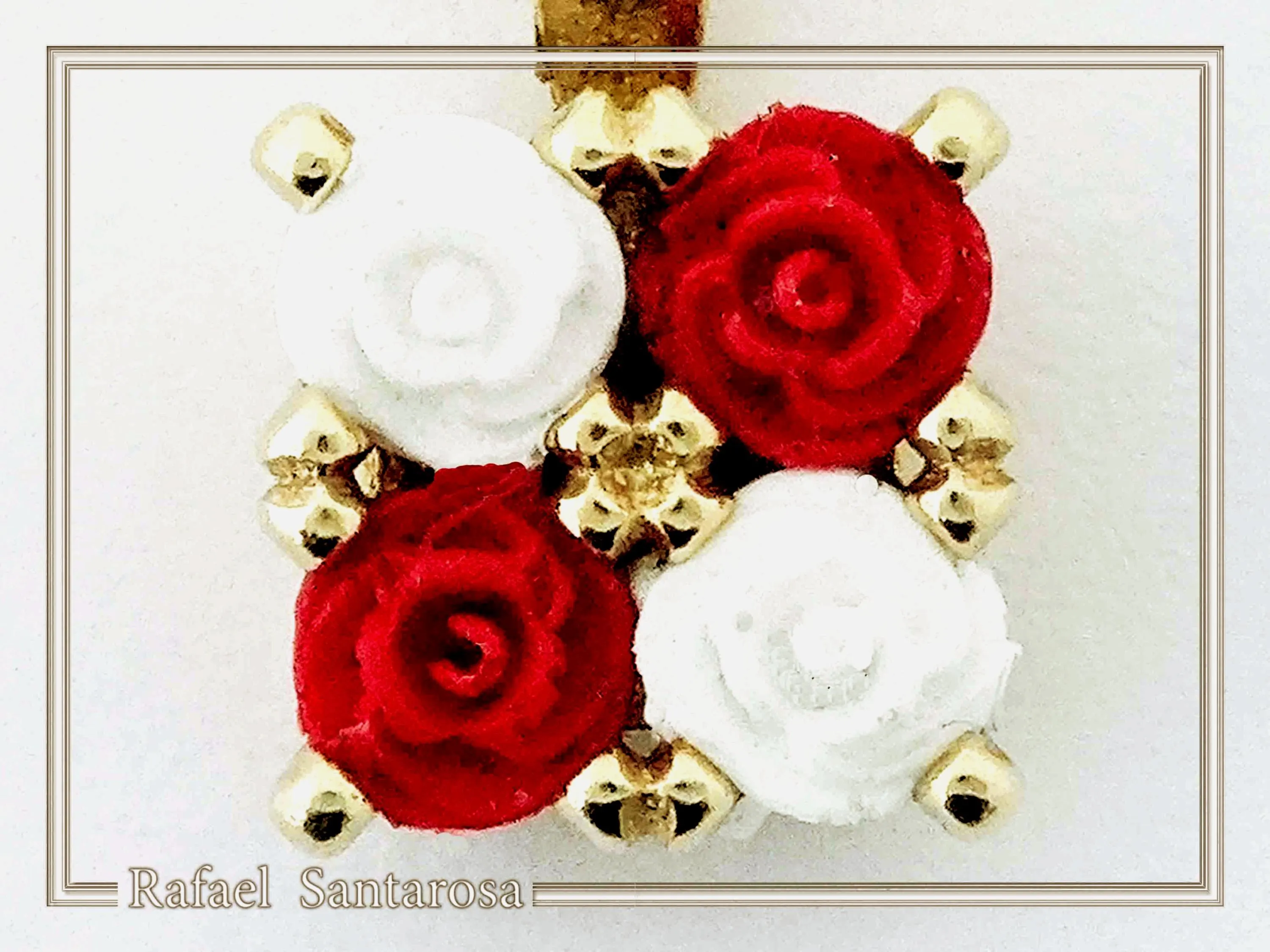 Alabaster Rose Flowers Gems Bouquet Square Necklace: Red &White Roses, Silver 18K Gold Filled. — additional product image 4 from Rafael Santarosa Fine Jewelry