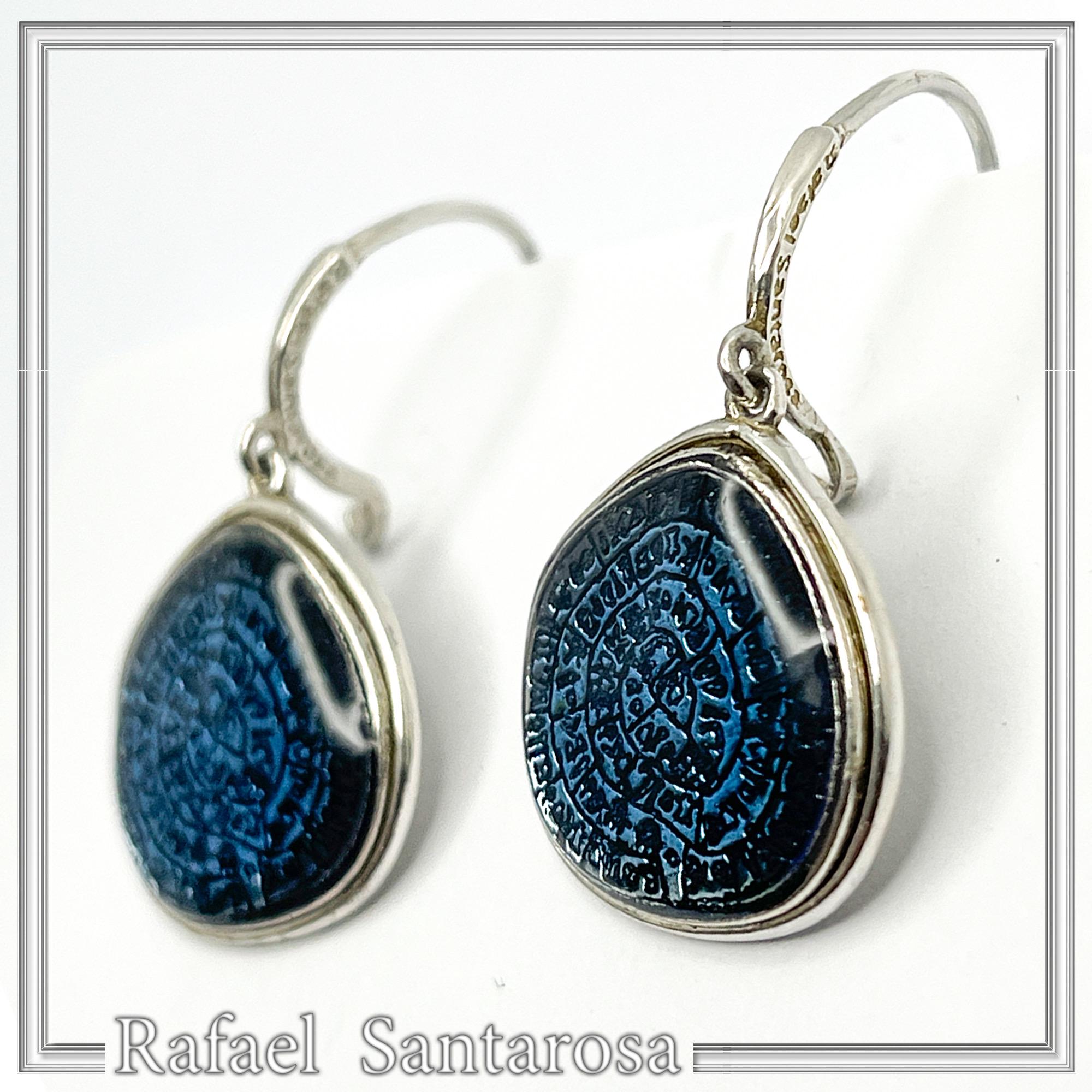 Ancient Minoan Calendar Replica Phaistos Disc Earrings: Oxidized Sterling Silver Sky Blue Transparent Enamel — additional product image 3 from Rafael Santarosa Fine Jewelry