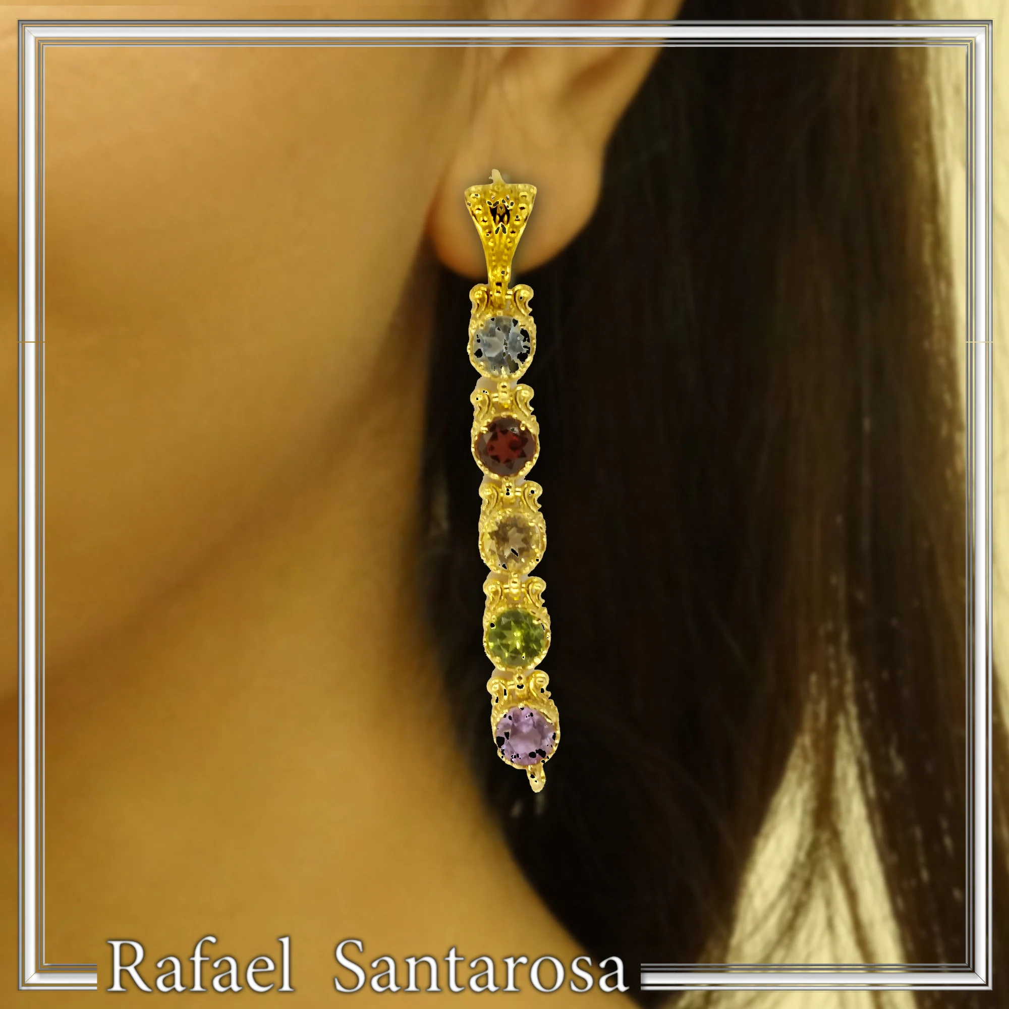 18k Gold Byzantine Filigree Multi Gemstone Dangle Beaded Earrings: Multi Coloured Natural Gems — additional product image 2 from Rafael Santarosa Fine Jewelry