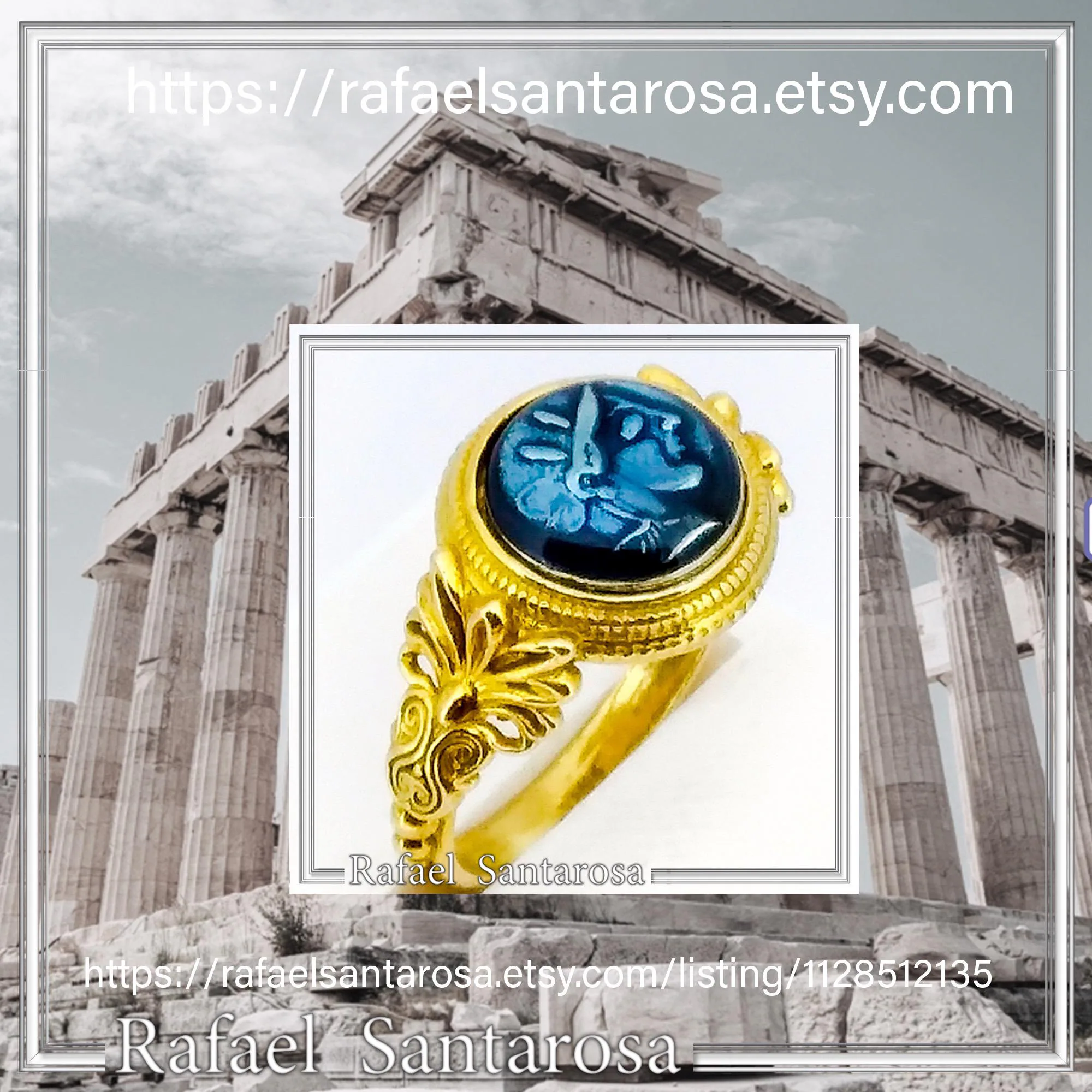 Athena Greek Goddess Head Coin Ring with Antefix Ornaments: Blue Enamel, 18K Gold-Filled Silver — additional product image 10 from Rafael Santarosa Fine Jewelry