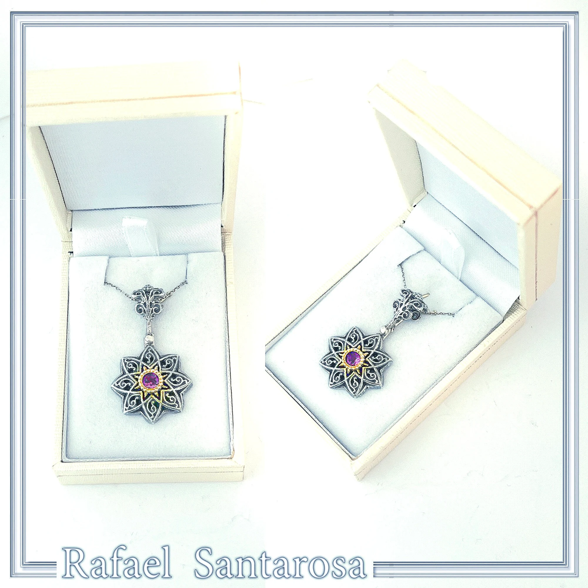 Byzantine Amethyst Filigree Detail Necklace: Oxidised and 18K Gold Filled Sterling Silver — additional product image 10 from Rafael Santarosa Fine Jewelry