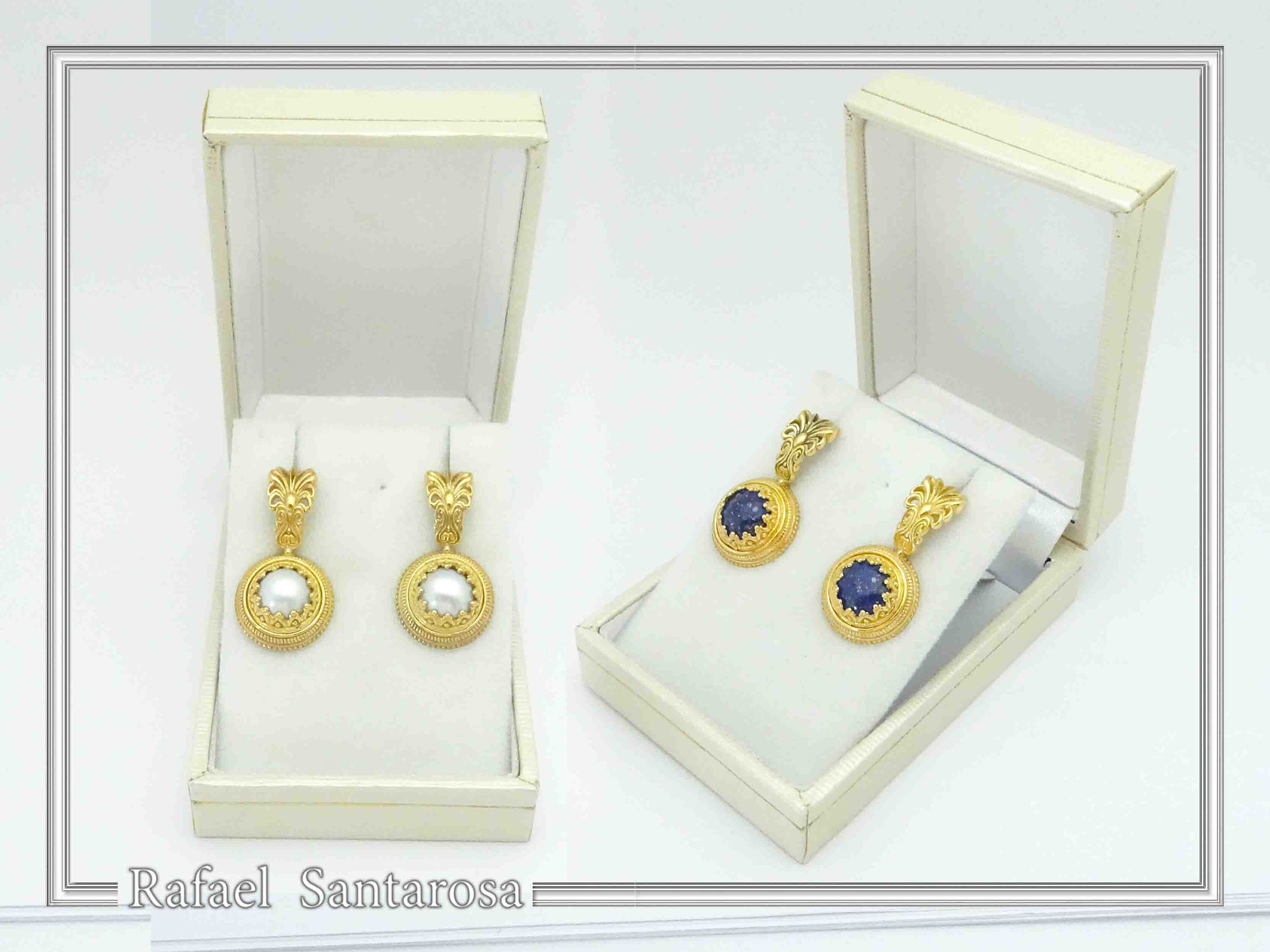 Natural Lapis Lazuli Ancient Greek Antefix Earrings: Sterling Silver Gold-Filled Filigree, — additional product image 9 from Rafael Santarosa Fine Jewelry