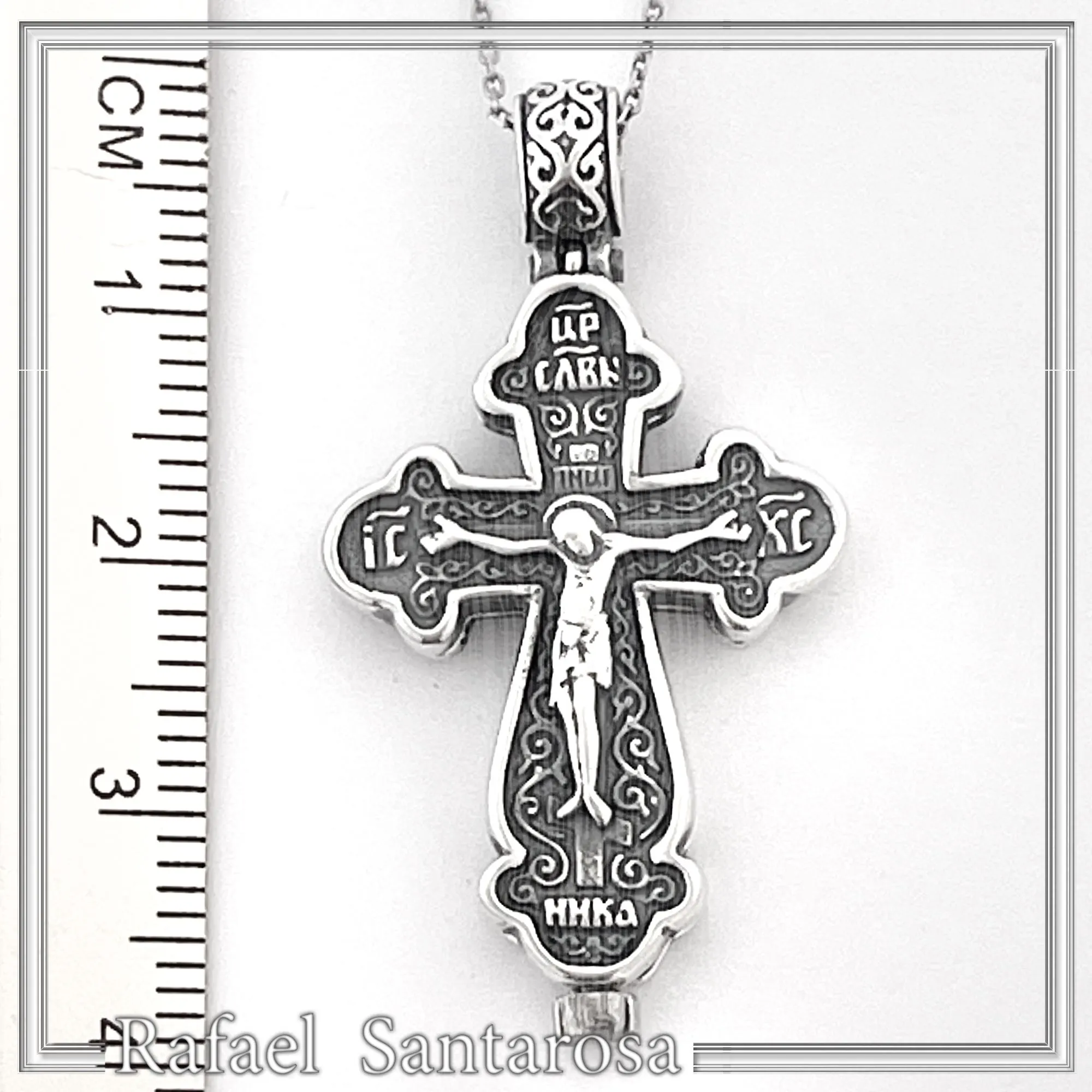 Byzantine Cyrillic Prayer Cross Locket Necklace: Russian Type Sterling Silver Reliquary Cross Pendant — additional product image 9 from Rafael Santarosa Fine Jewelry