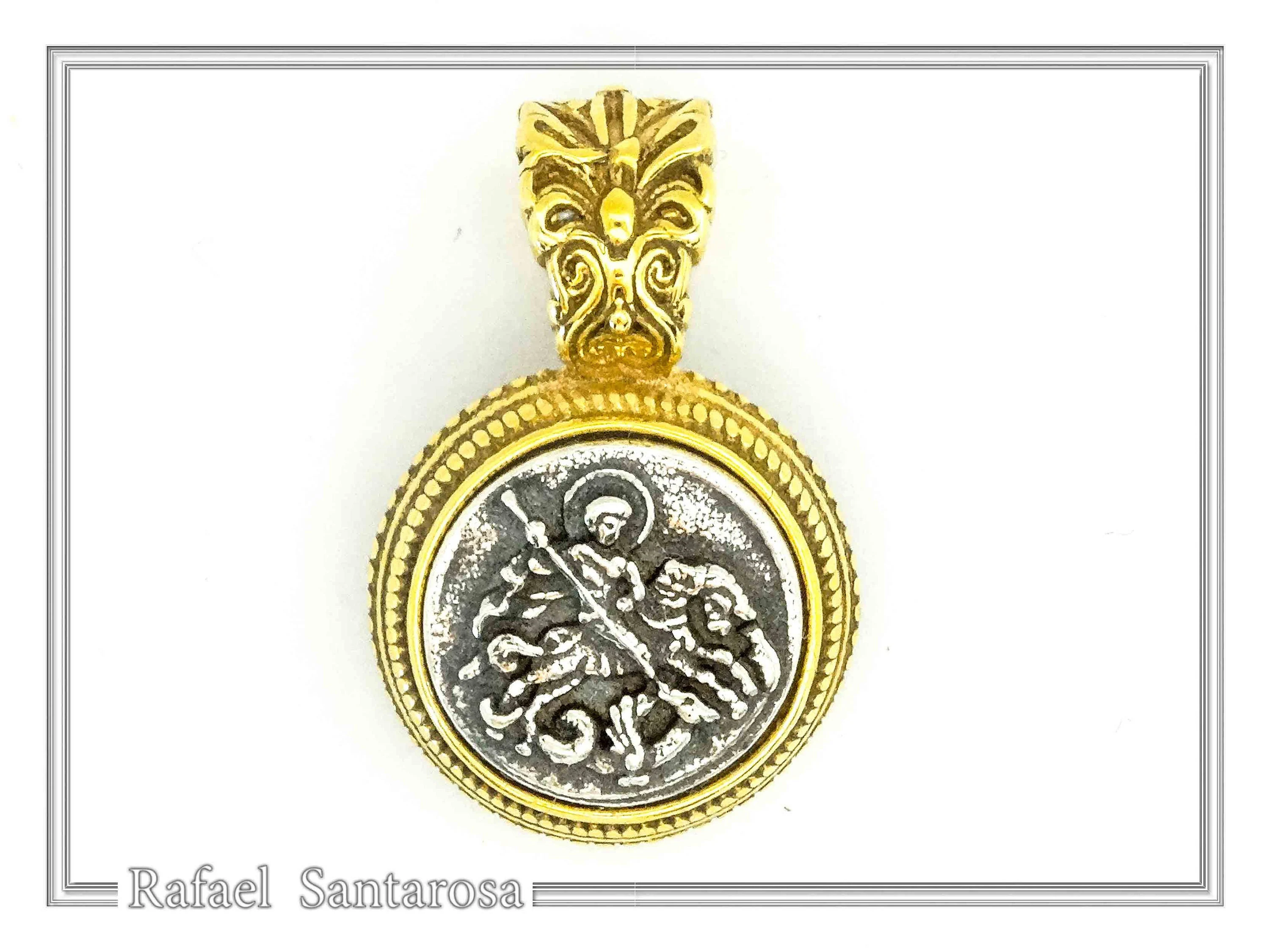 St. George Killing Dragon Jesus Christ Talisman Pendant: Oxidized and 18K Gold Filled Silver — additional product image 3 from Rafael Santarosa Fine Jewelry