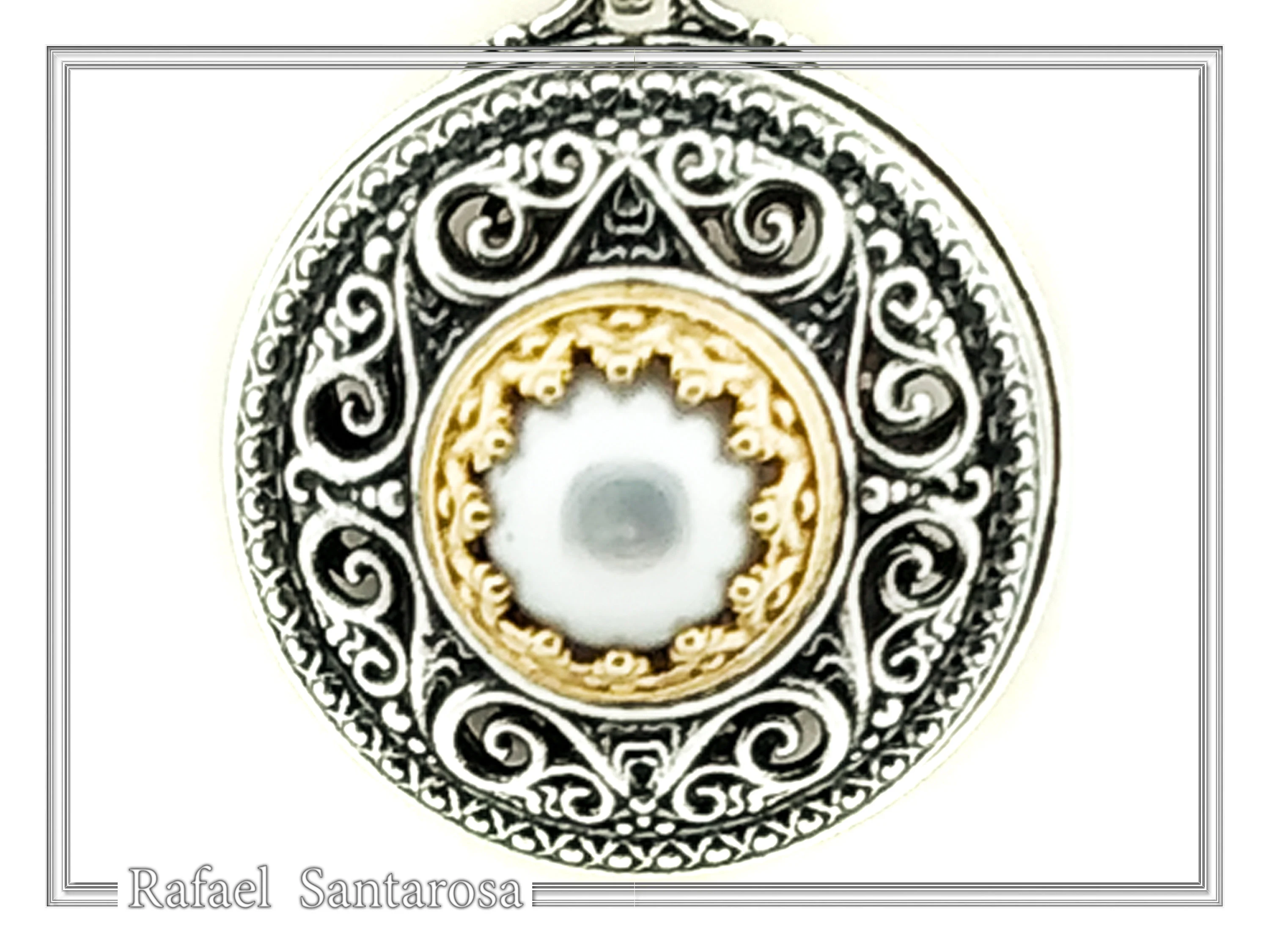 Byzantine natural Pearl Pendant: Oxidized Sterling Silver and Gold-Filled Filigree Necklace — additional product image 6 from Rafael Santarosa Fine Jewelry