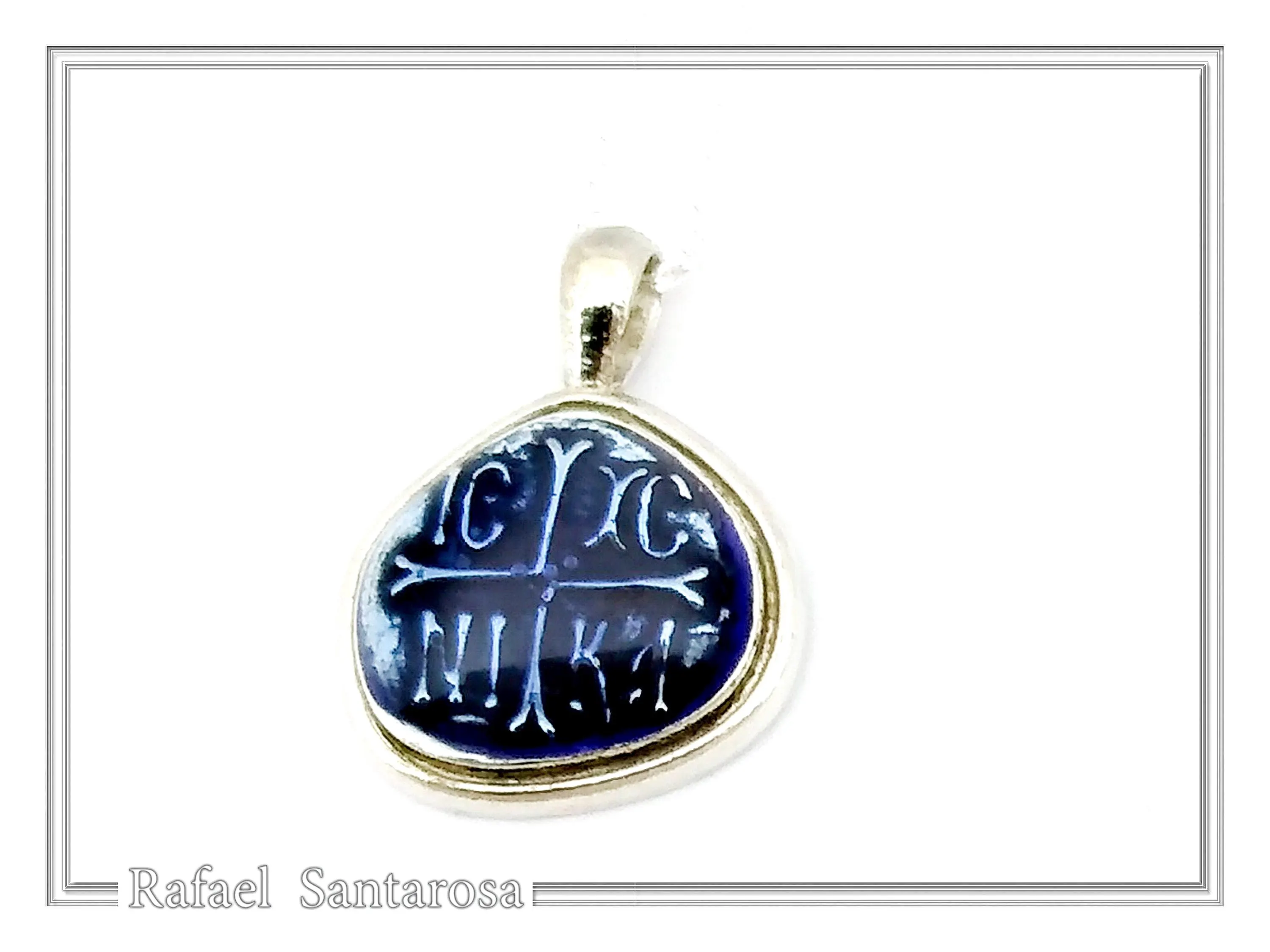 ICXC NIKA Constantinato Christogram Christian Cross Talisman Pendant: Blue Transparent Enamel Silver Necklace — additional product image 5 from Rafael Santarosa Fine Jewelry