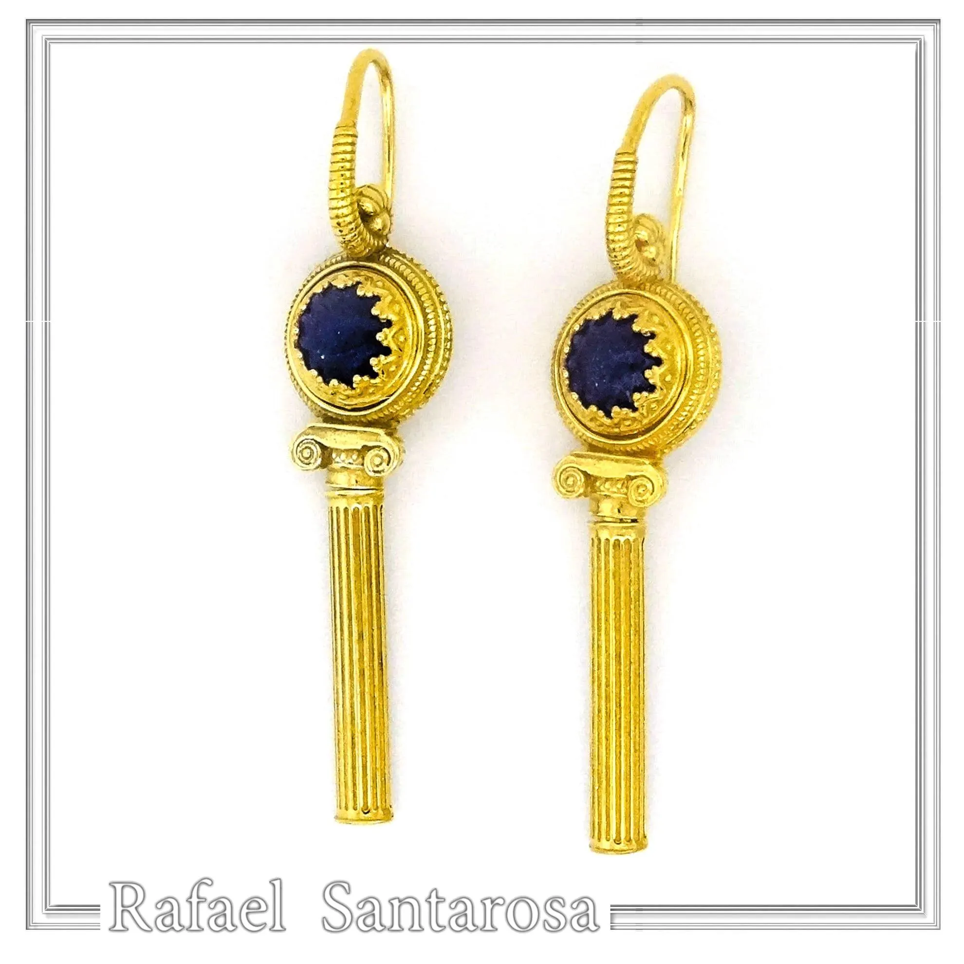Natural Lapis Lazuli Greek Column Museum Earrings: Sterling Silver 18K Gold Filled Filigree Bezel — additional product image 2 from Rafael Santarosa Fine Jewelry