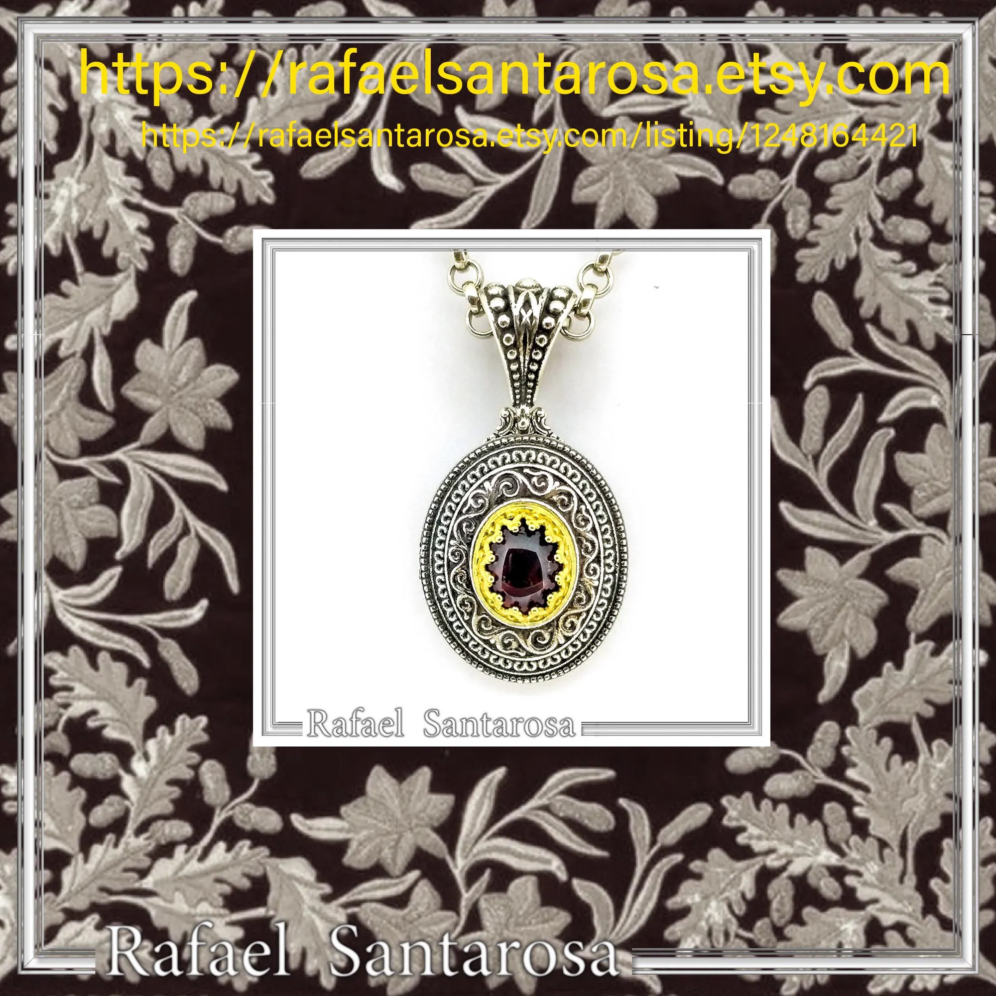 Natural Red Garnet Byzantine Filigree Pendant: Oxidized and 18k Gold Filled Sterling Silver — additional product image 10 from Rafael Santarosa Fine Jewelry