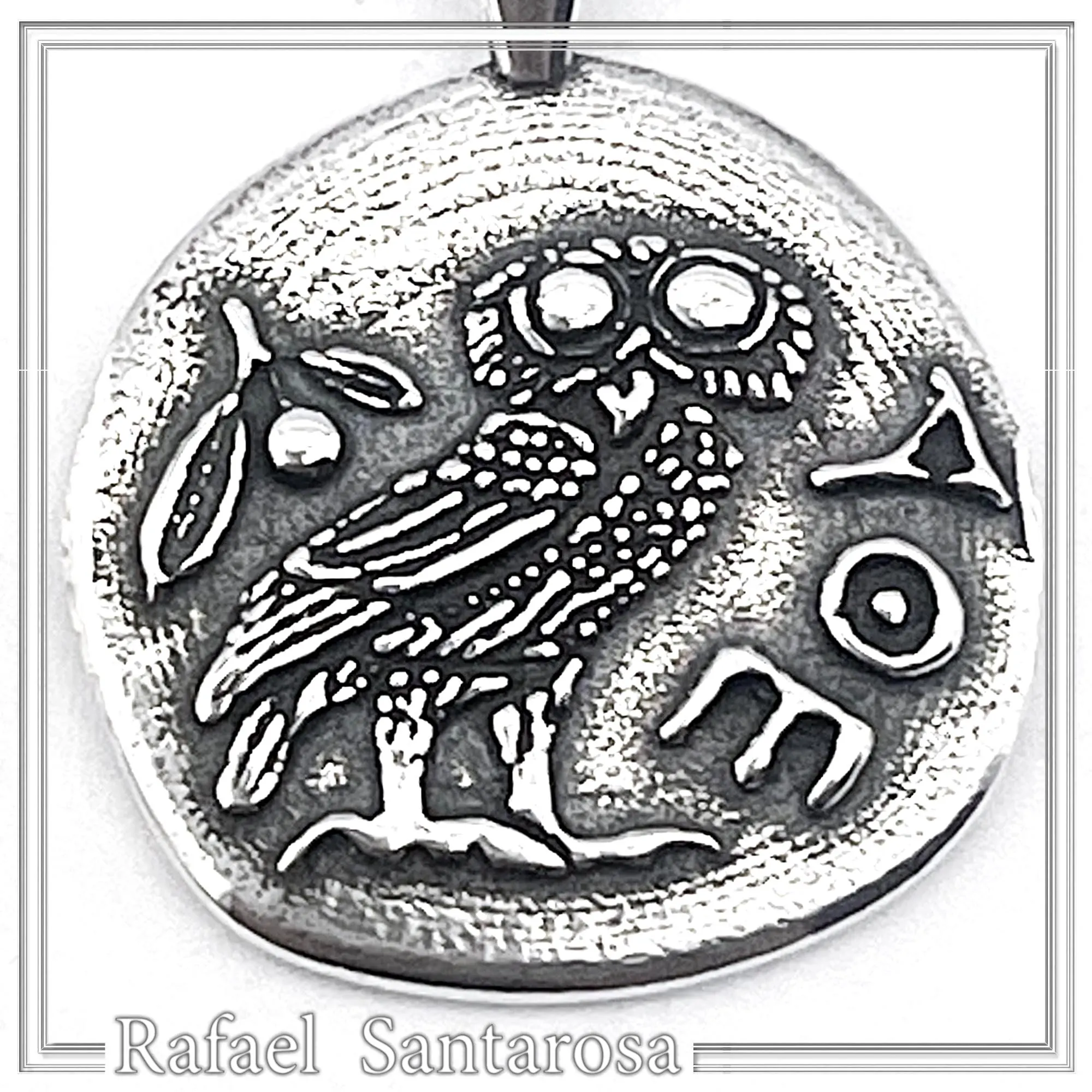 Greek Owl Coin Tetradrachm museum Replica Pendant: Oxidized Sterling Silver — additional product image 2 from Rafael Santarosa Fine Jewelry