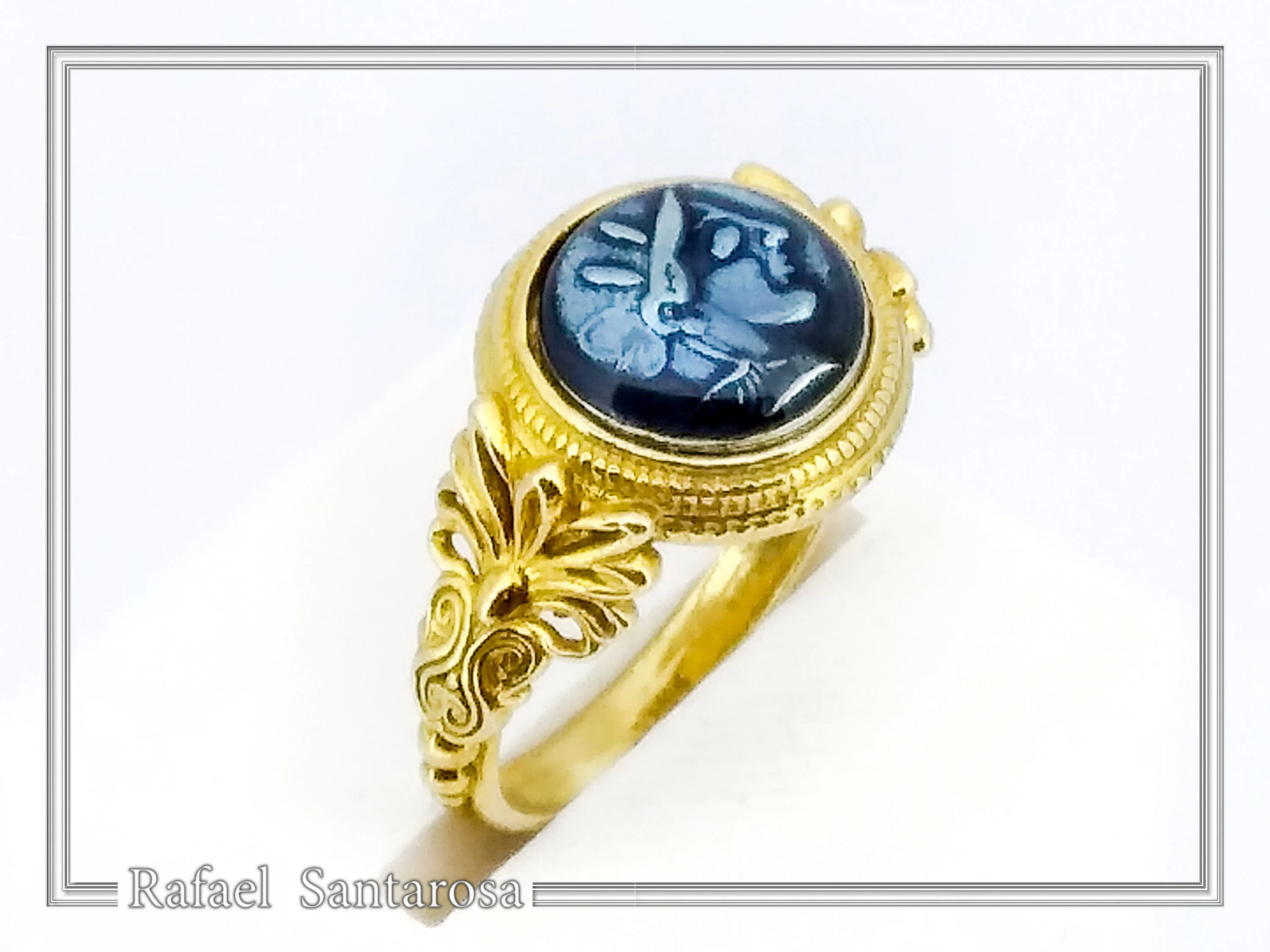 Athena Greek Goddess Head Coin Ring with Antefix Ornaments: Blue Enamel, 18K Gold-Filled Silver — additional product image 7 from Rafael Santarosa Fine Jewelry