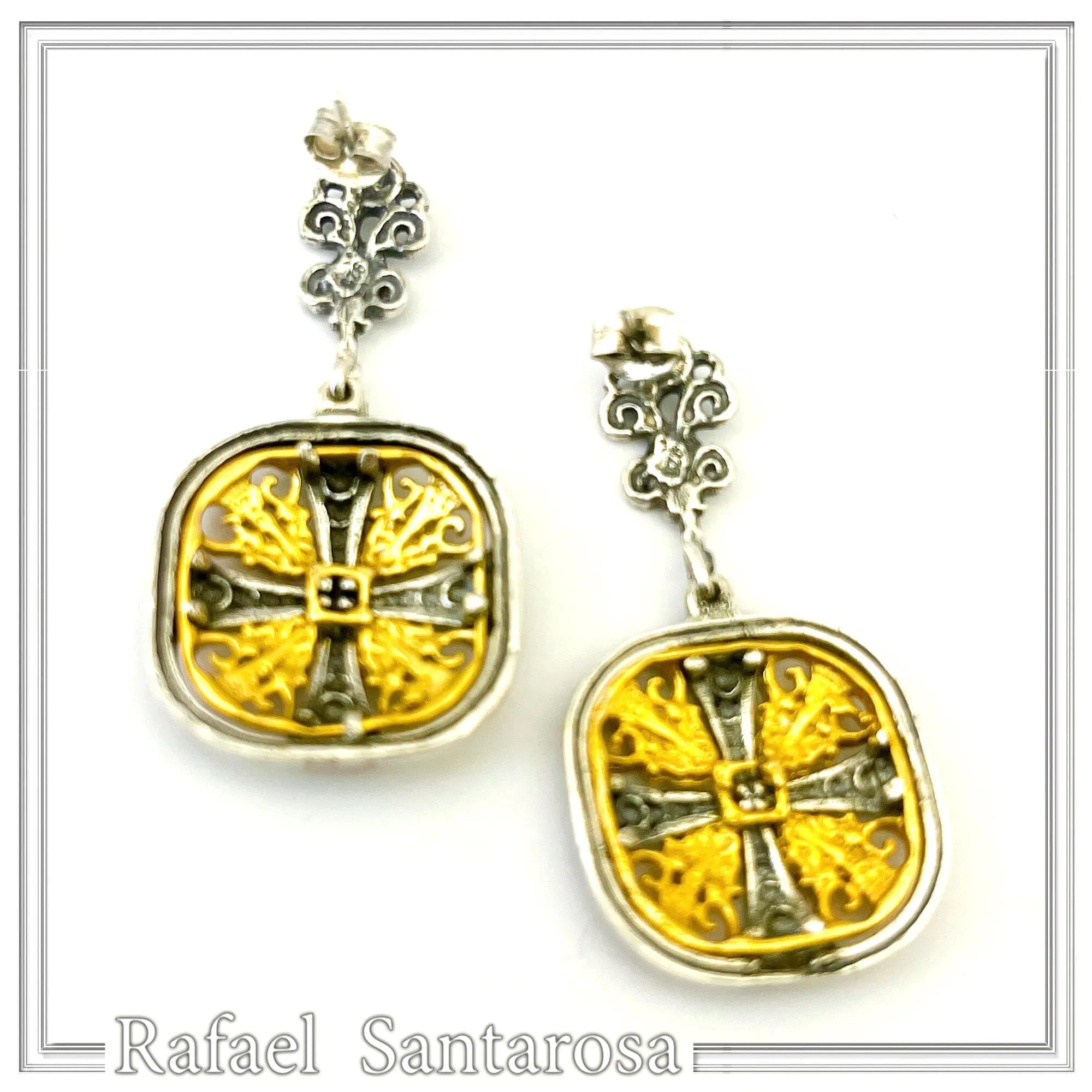 Byzantine Empire Orthodox Cross Earrings: Sterling Silver Oxidized & 18K Gold-Filled Filigree — additional product image 9 from Rafael Santarosa Fine Jewelry
