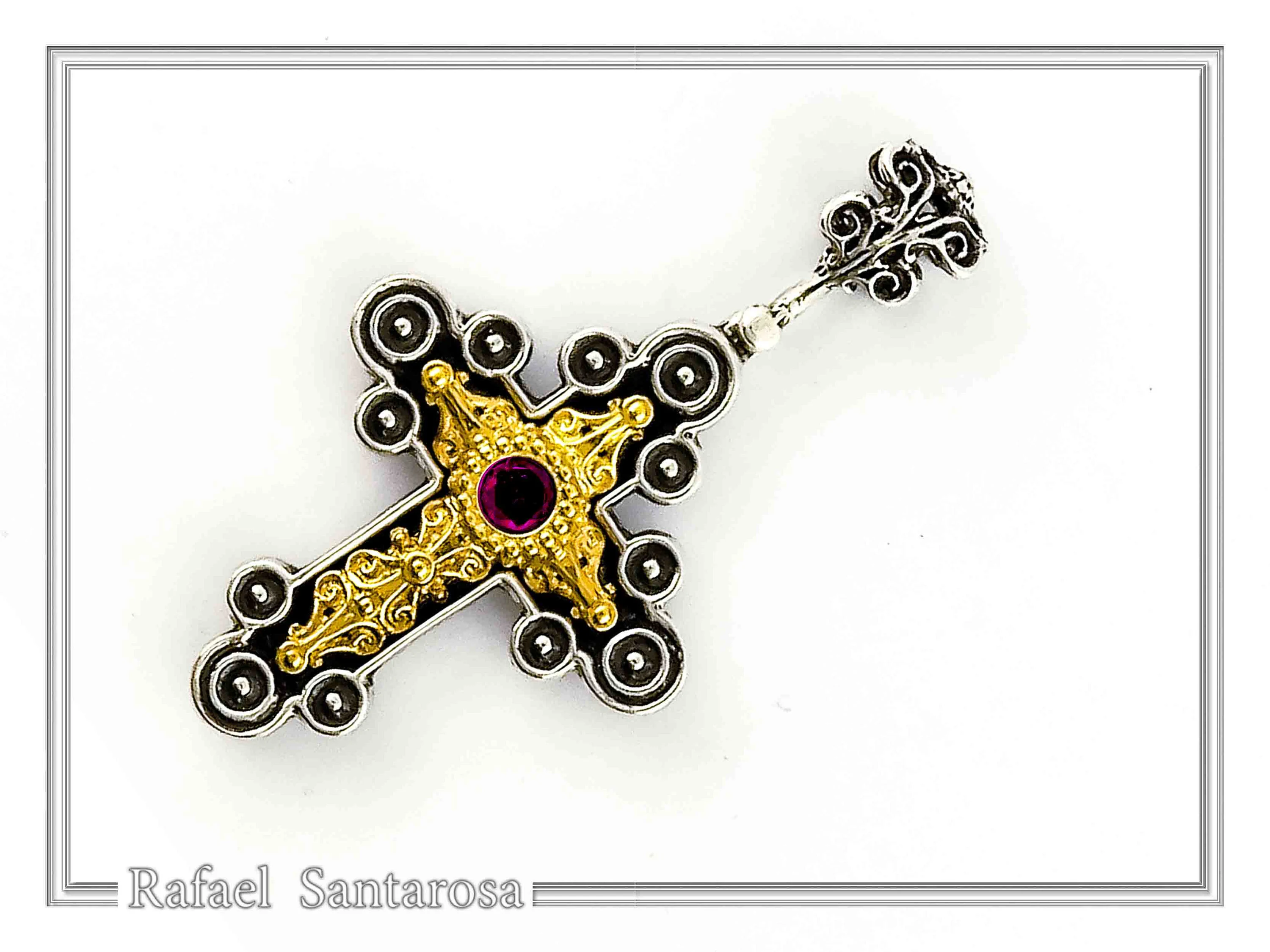African Genuine Amethyst Byzantine Cross Necklace: Oxidized Sterling Silver & 18K Gold Filled — additional product image 5 from Rafael Santarosa Fine Jewelry